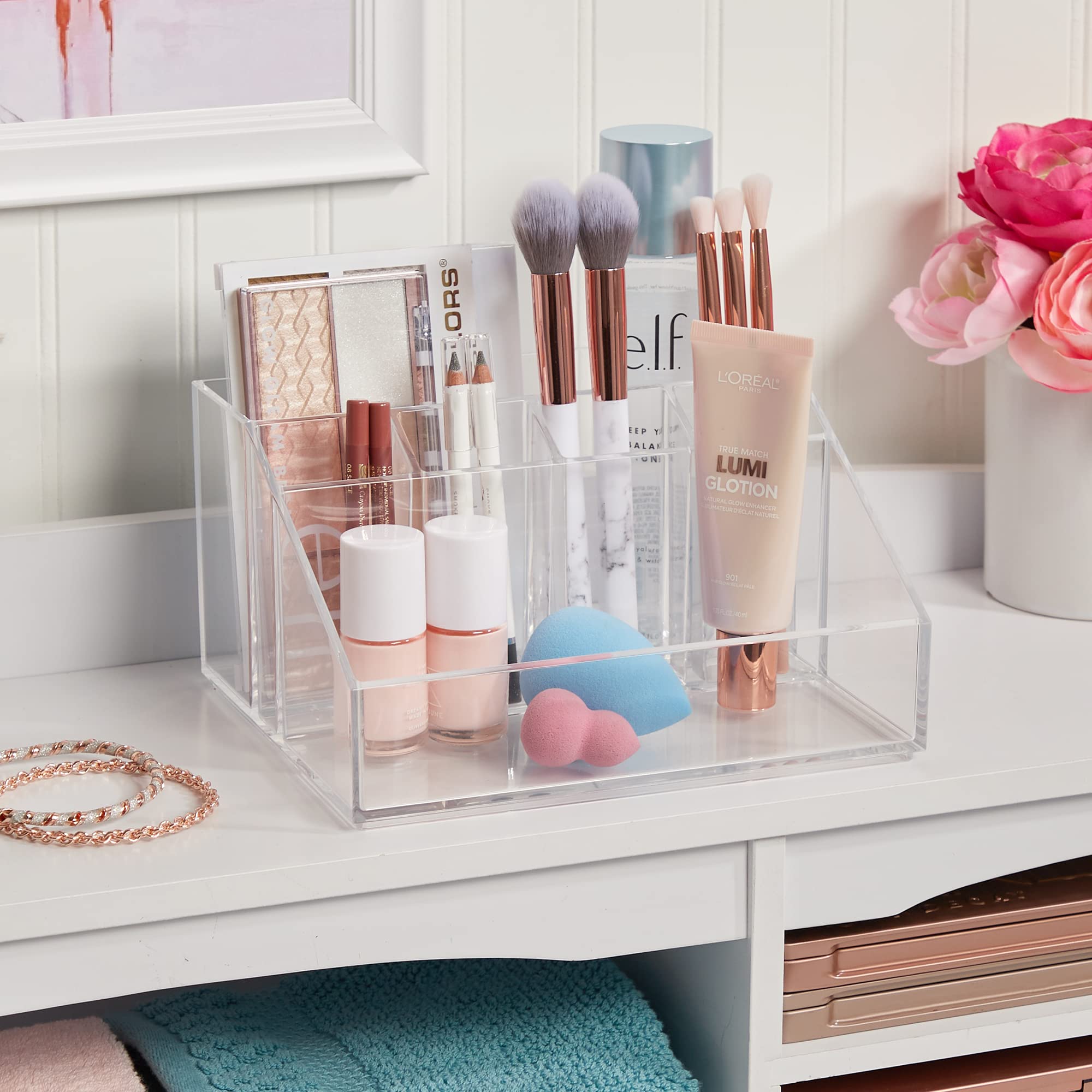 Stori Chloe Clear Plastic Stackable Vanity Makeup Organizer | Rectangular 6-Compartment Holder For Cosmetics, Brushes, Eyeshadow
