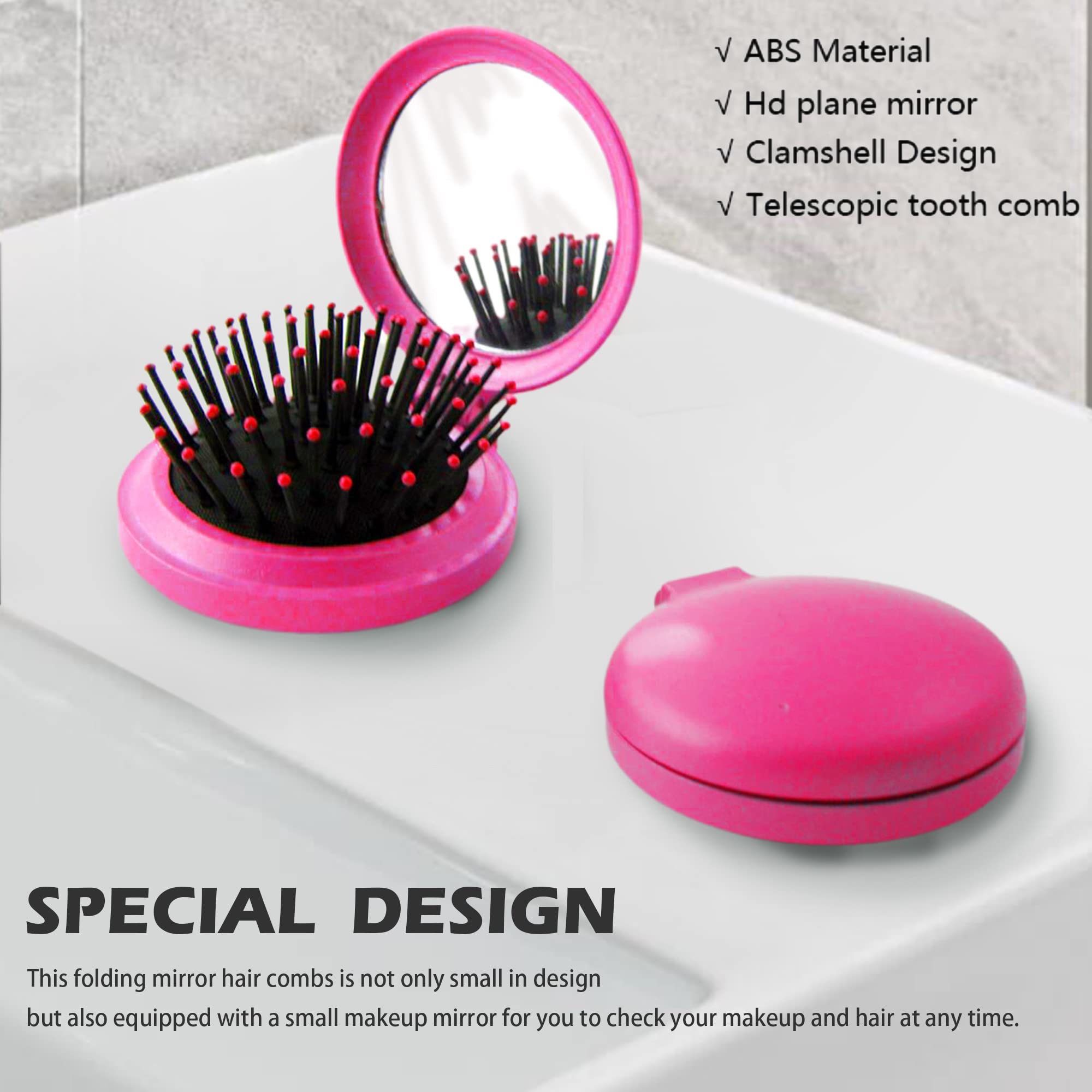 1st Choice Travel Folding Hair Brush with Mirror, Compact 2.5", Pink, Model ATB-33210, Perfect for Purse, Car, Camping, Gift 1Pc