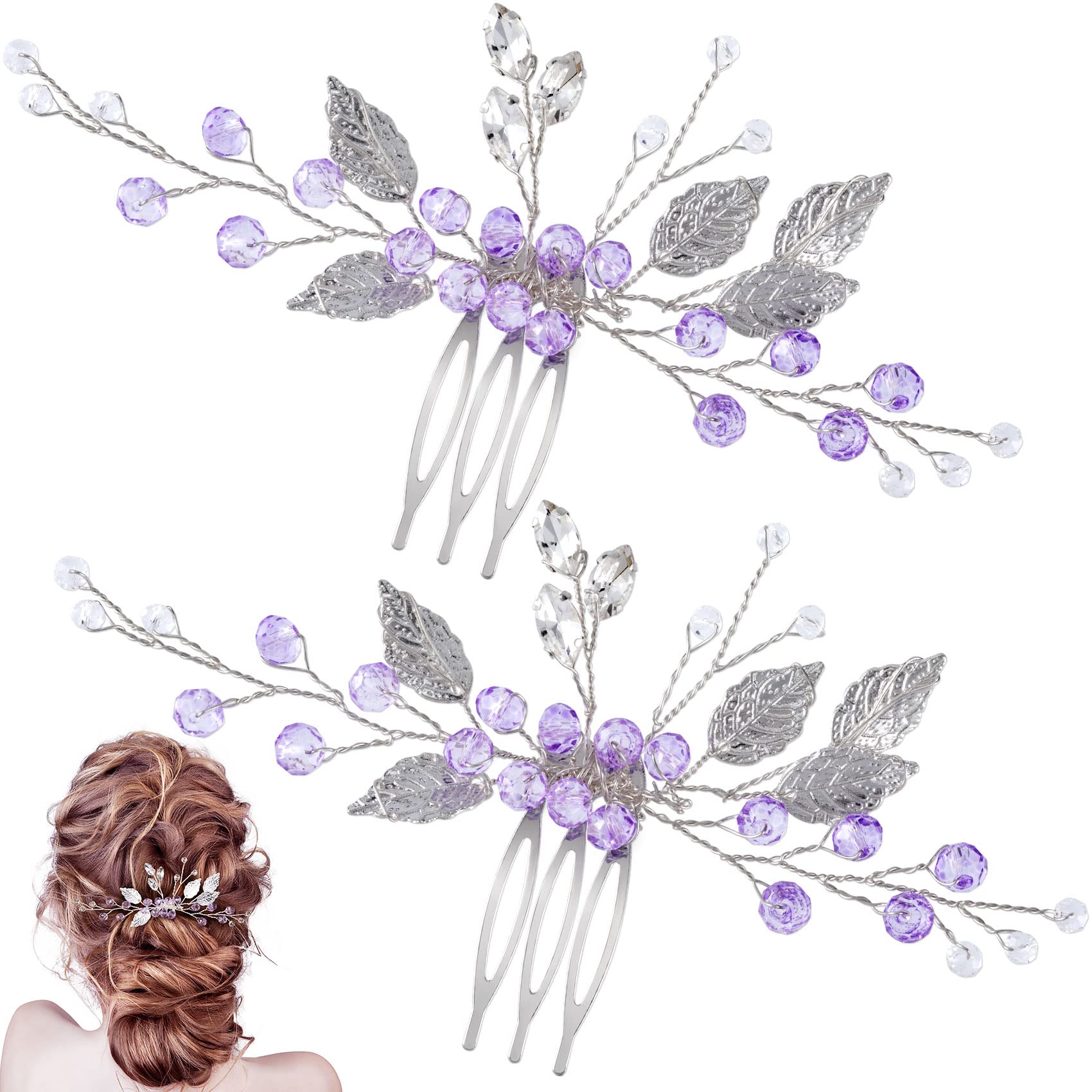 PAGOW 2PCS Leaf Hair Combs, Purple Rhinestone Hair Comb Clips, Hair Side Comb Clips, Crystal Wedding Headpiece Hair Accessories 