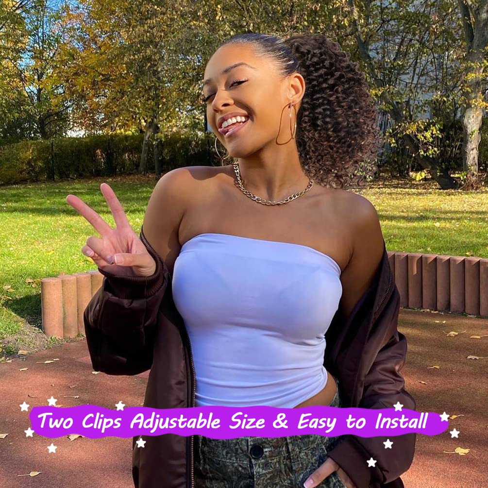 Rosmile Short Kinky Curly Ponytail Extension For Black Women, 10 Inch Ombre Natural Black To Brown Drawstring Curly Ponytail Wit