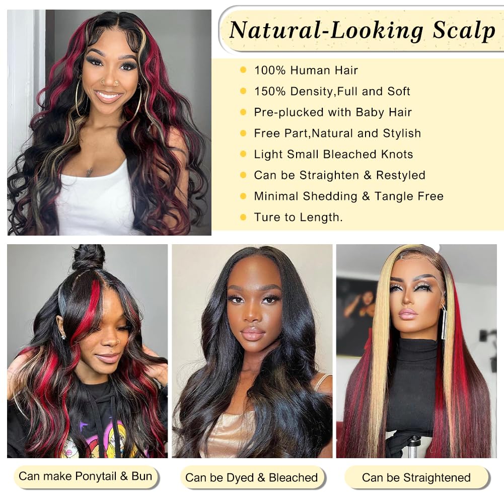 Faba Skunk Stripe Wigs Black Red Blonde Highlights Wig Human Hair 32 Inch 13X4 Hd Lace Front Wig Human Hair 180% Density Black A