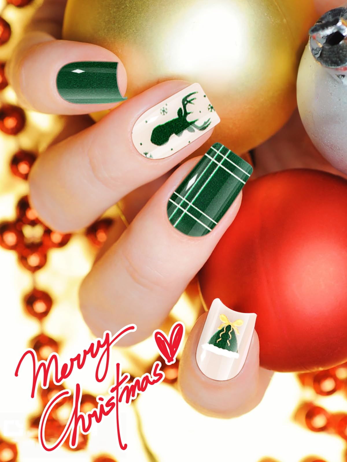 Ebanku 24Pcs Christmas Semi-Cured Gel Nail Strips, Deer Horn Self-Adhesive Gel Nail Art Sticker, Waterproof Gel Nail Wrap Sticke