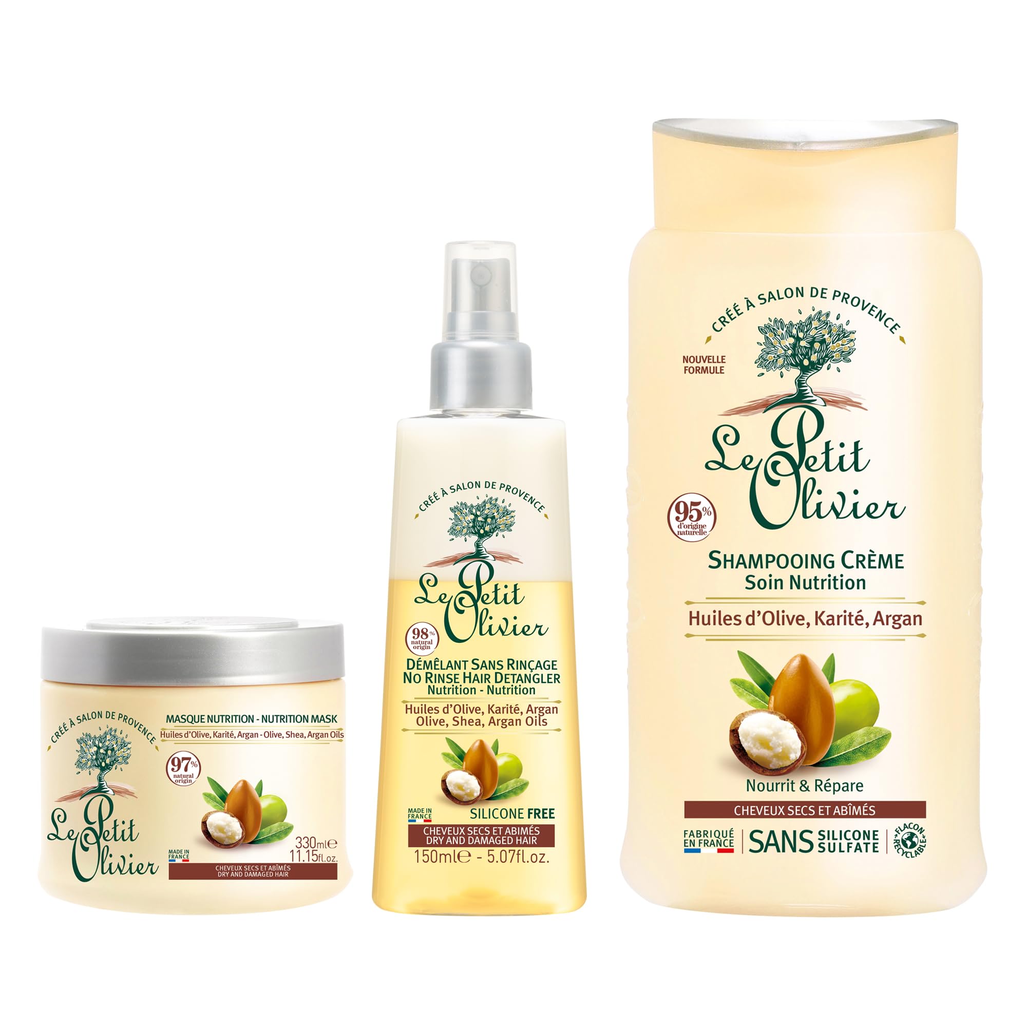 Nourishing Creme Shampoo With Nutrition Mask - Dry And Damaged Hair And No Rinse Hair Detangler Kit By Le Petit Olivier For Unis