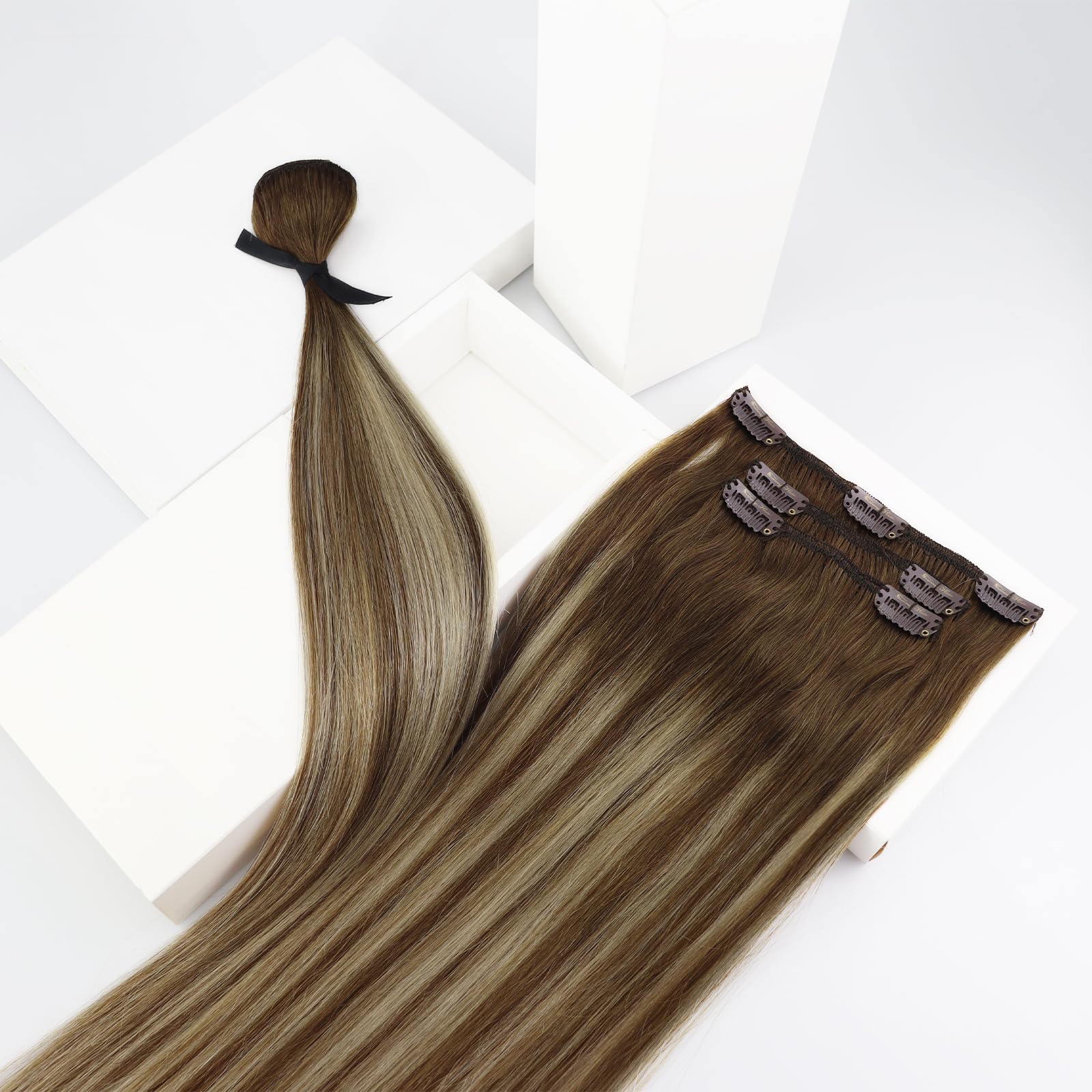 Sunny Balayage Clip In Hair Extensions Invisible Clip In Extensions Human Hair Chestnut Brown Balayage Platinum Blonde Real Hair