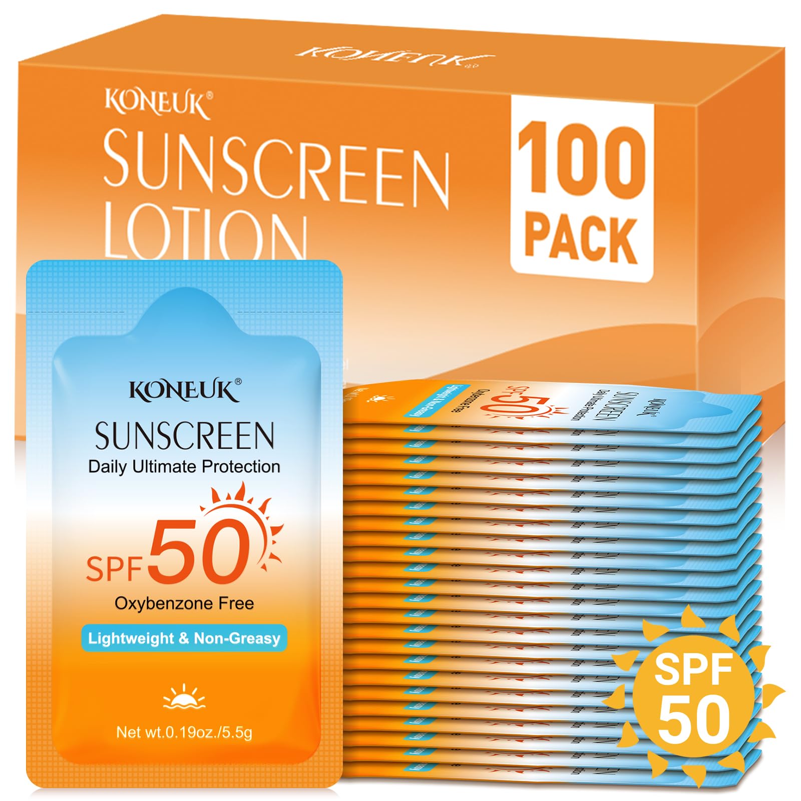 100 Pack Mini Sunscreen for Face and Body, SPF 50 Travel Size Sunscreen, Lightweight and Non-Greasy, Bulk Sunscreen for Summer T