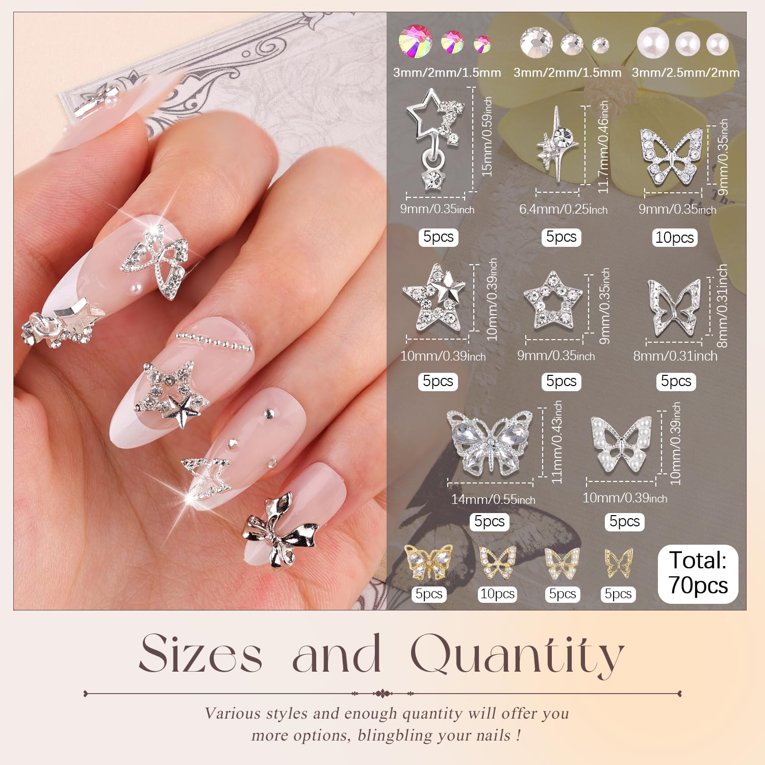 70Pcs 12 Styles 3D Nail Charms And Flatback Gems Pearl + Nail Chains, Silver Shiny Luxury Gems, Crystal Diamond Jewels Studs Wit