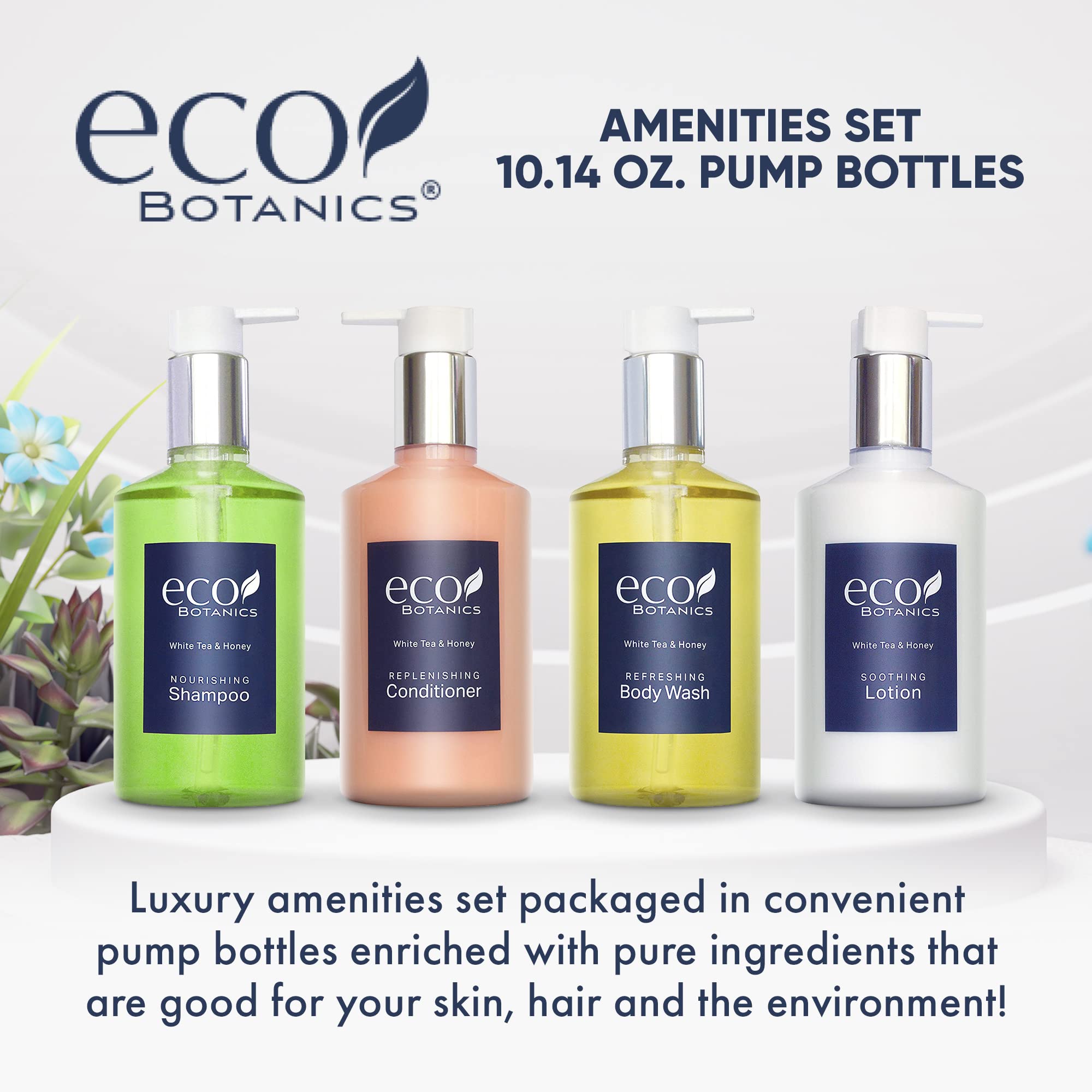 Eco Botanics Amenities Set,10.14 Oz. Pumps (1 Of Each) Shampoo, Conditioner, Hand/Body Wash, And Lotion (Set Of 4)