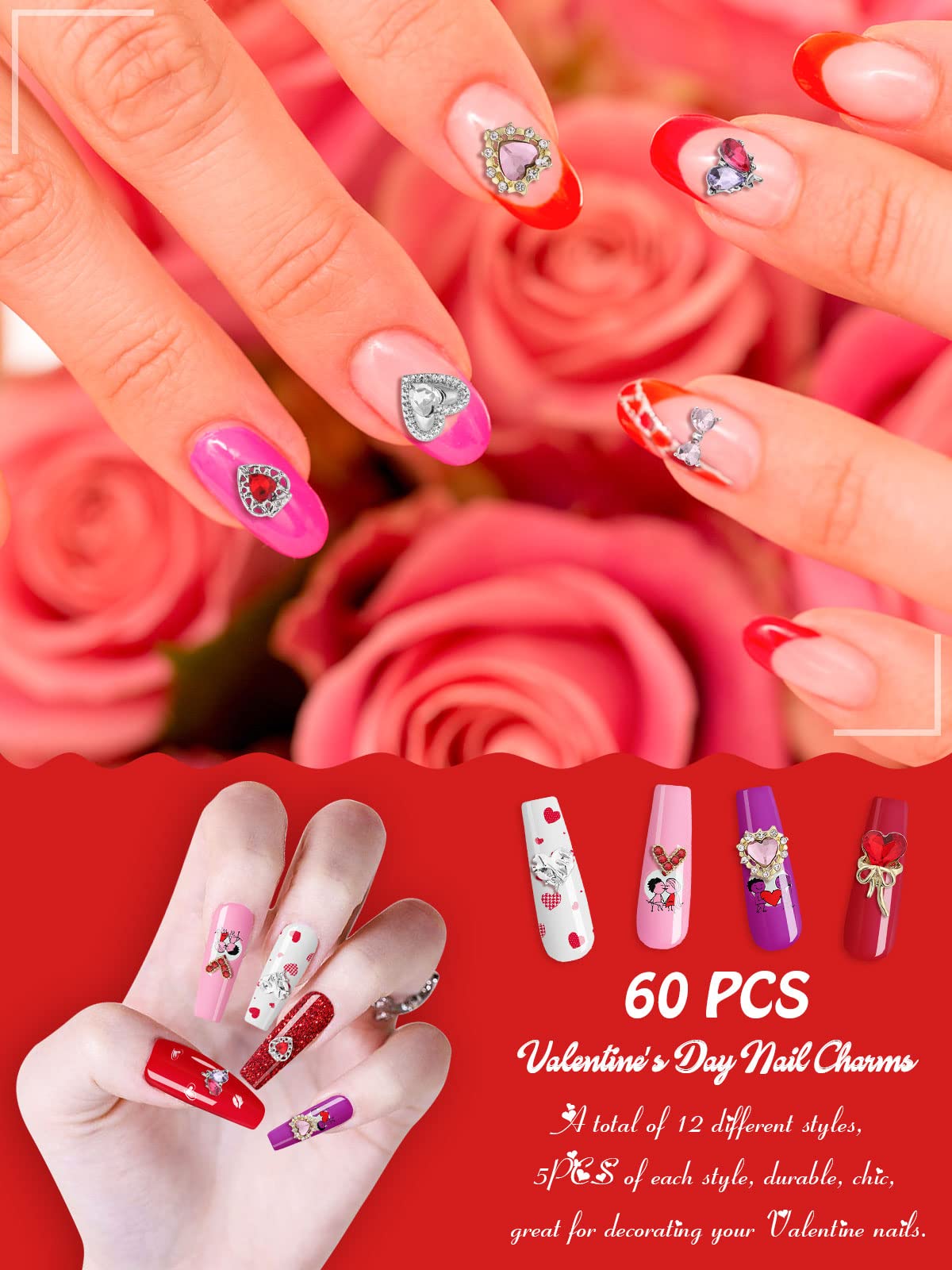 60PCS Heart Nail Rhinestones, Lorvain Metal Bows Diamond Charms for Makeup Nail Art Decorations 3D Romantic Alloy Nail Gems Hear
