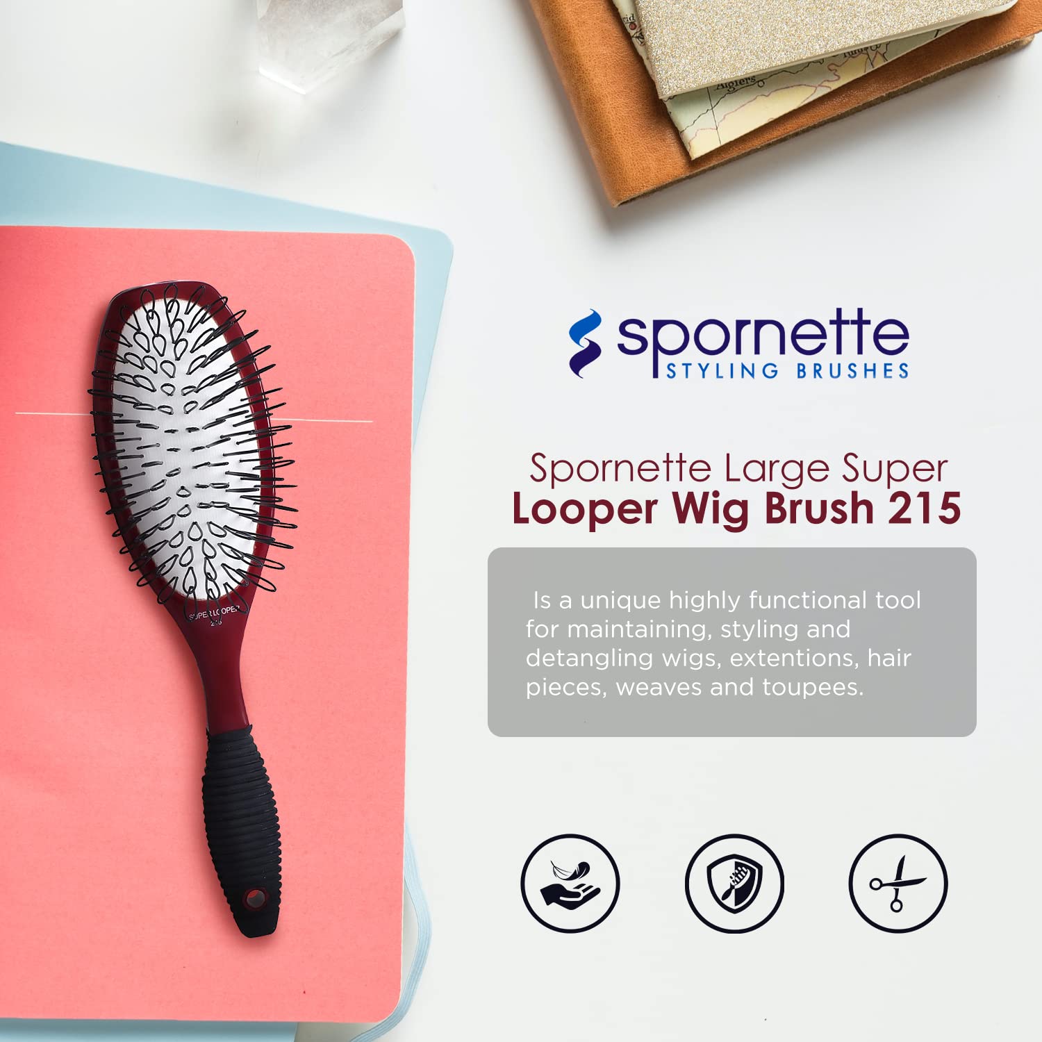 Spornette Super Looper Wig Brush, Cushioned & Looped Nylon Bristles for Hair Extensions, Wigs, Hair Pieces, Toupees & Weaves - F