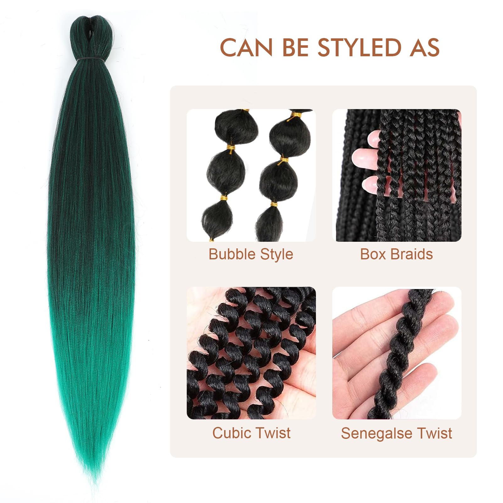 Difunee Pre-Stretched Braiding Hair - 24 Inch 8 Packs Ombre Green Long Braiding Hair For Twist Or Box Braids, Yaki Texture Hot W