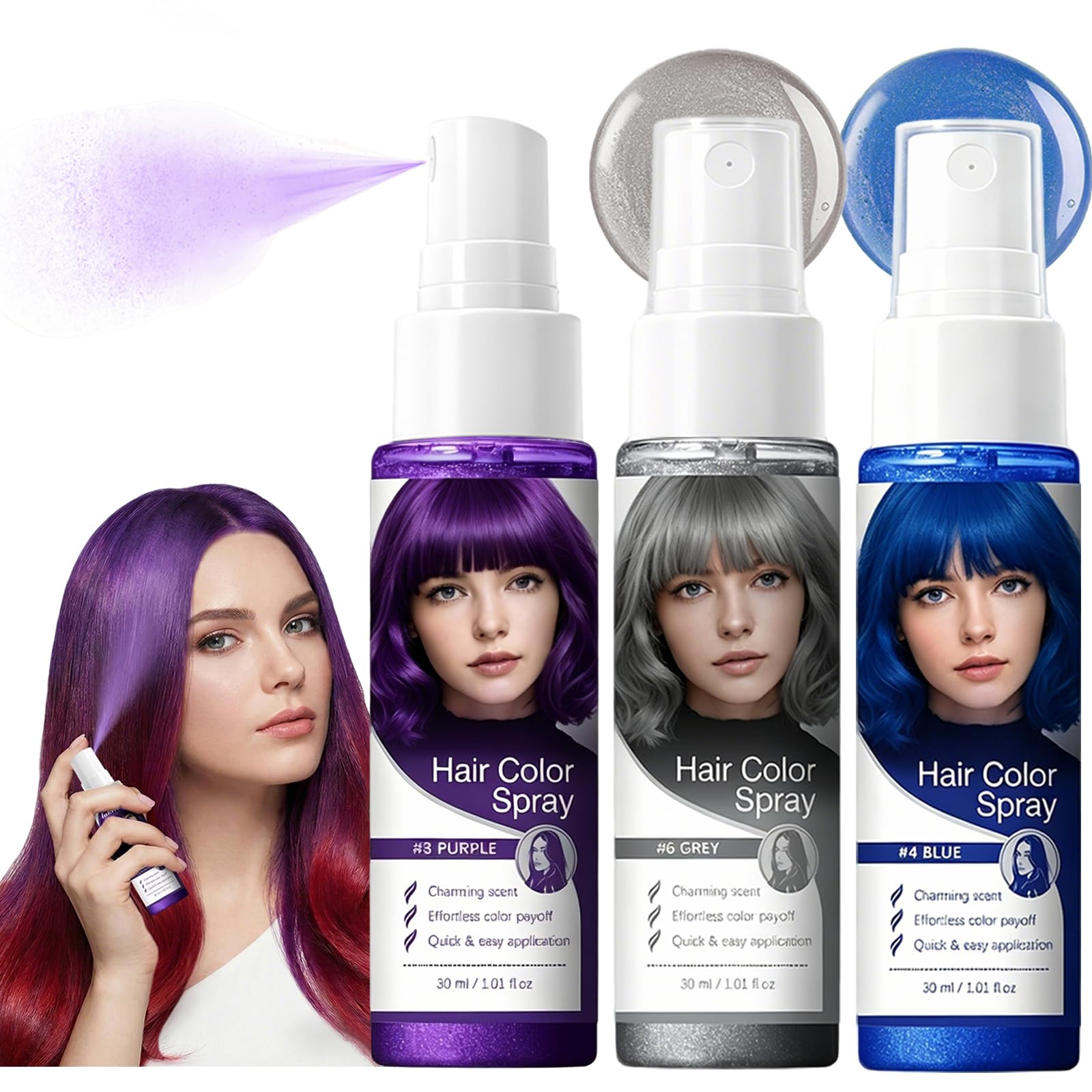 3 Colors Temporary Hair Color Spray,Washable Purple Blue Grey Hair Dye for Women,Natural Instant,Quick Drying,Hair Color Spray f