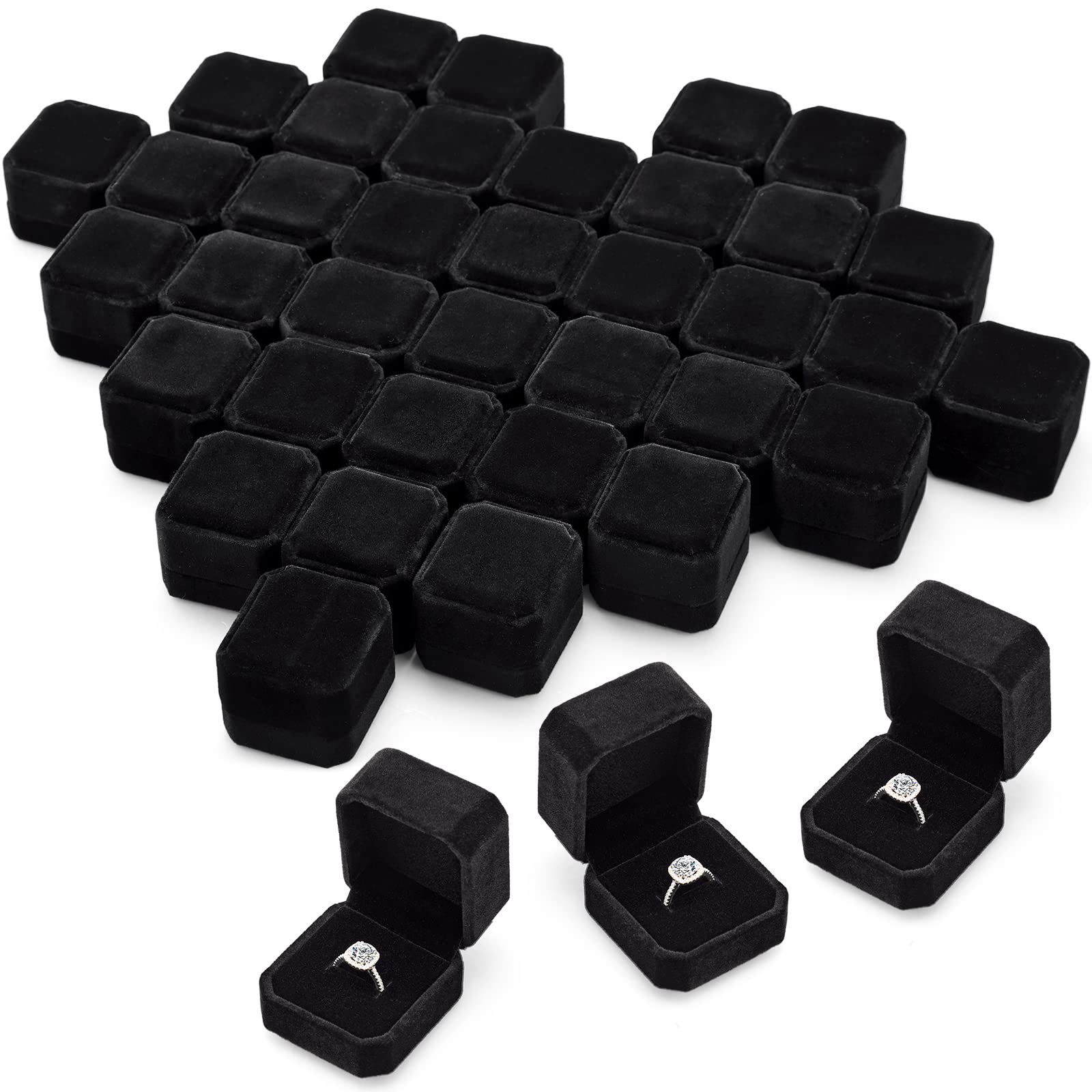 Thinkday 48 Pcs 2.13 x 2.01 x 1.54 in Velvet Ring Box Display Jewelry Storage Case for Christmas Wedding Engagement Gifts(Black)