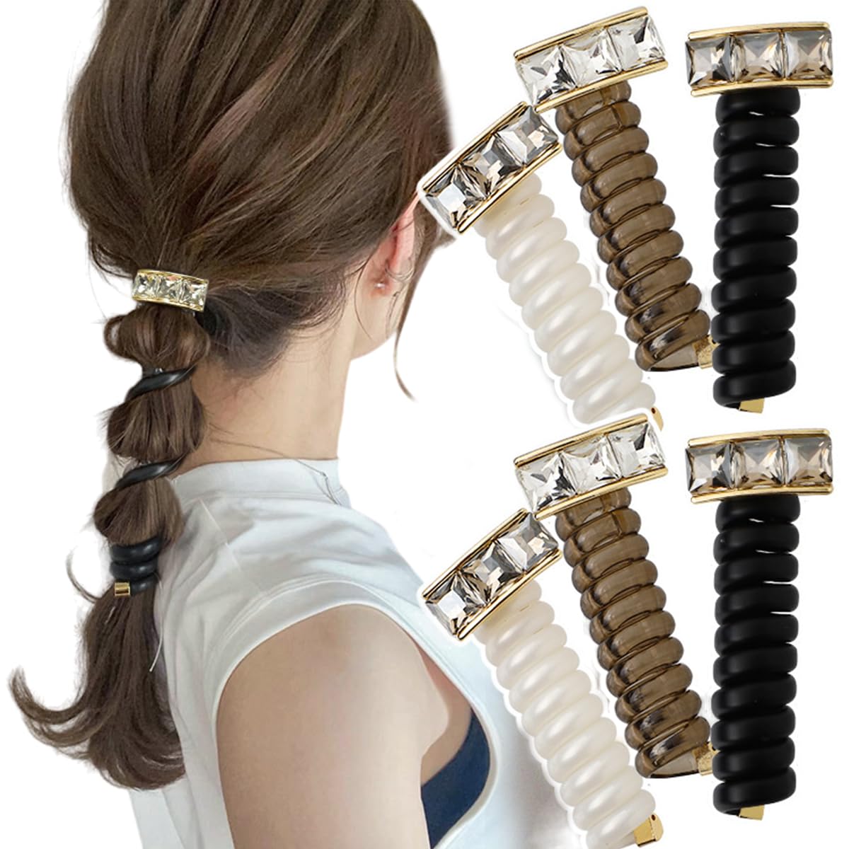 6Pcs Rhinestone Spiral Hair Ties Braided Telephone Wire Hair Bands for Women, Phone Cord Elastic Teleties Ponytail Holders Hair 