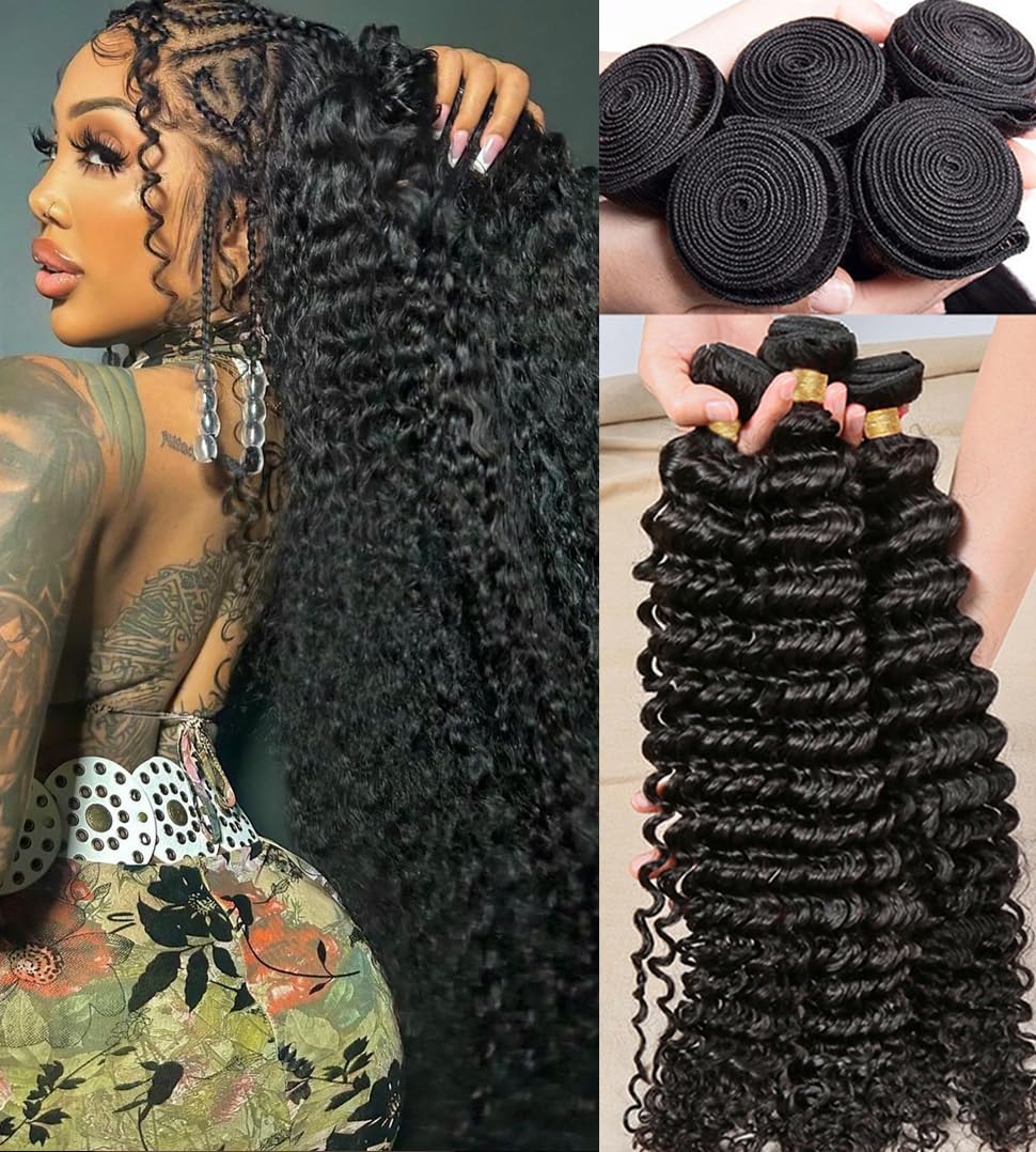 12A Brazilian Deep Wave Human Hair Bundles (30 28 26 24) 100% Unprocessed Virgin Remy Hair Deep Curly Human Hair Weave 4 Bundles