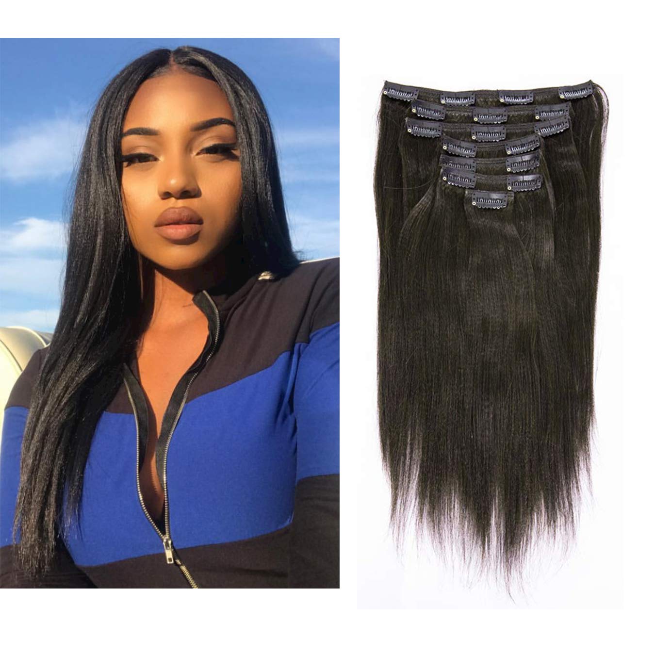 Anrosa Yaki Hair Clip in Yaki Hair Extensions Clip in Human Hair Yaki Hair Clip in Extensions for African American Yaki Straight