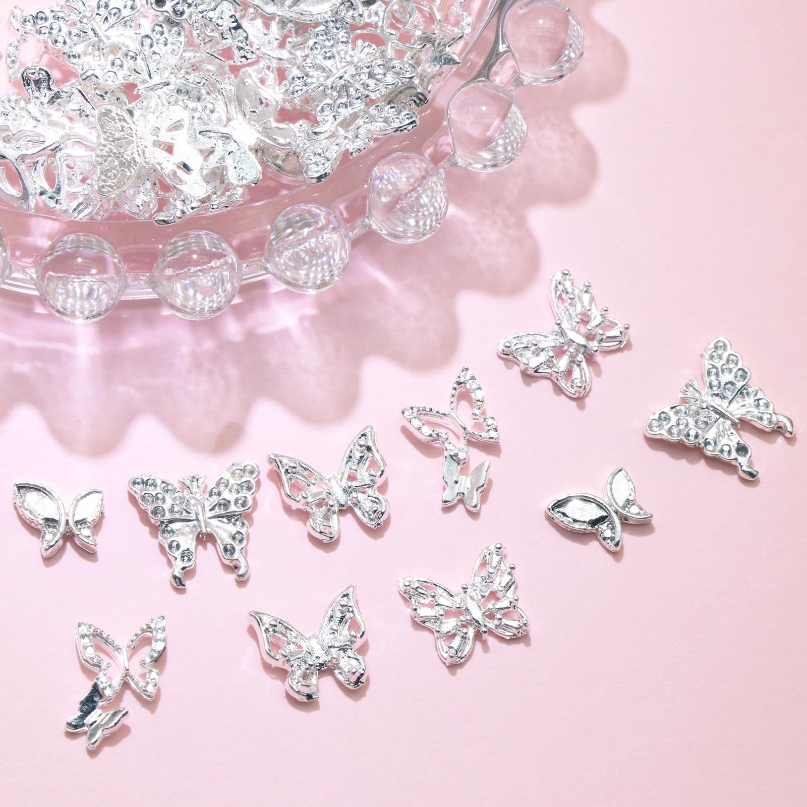 Rodaky 50Pcs Silver Butterfly Nail Charms 3D Butterflies Charms For Nails Metal Butterfly Nail Jewelry Shiny Nail Gems For Manic