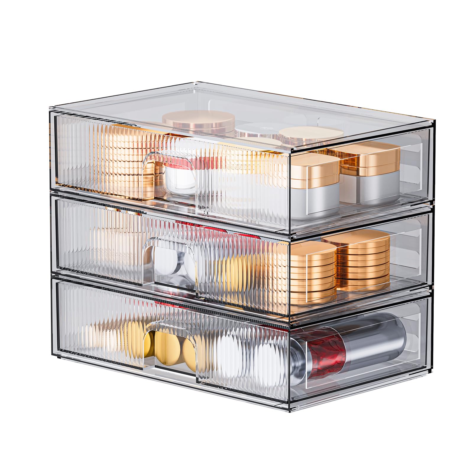Zhiai Stackable Storage Drawer, 3 Piece Acrylic Organiser For Cosmetics And Beauty Products, Suitable For Dressers, Bathrooms, C