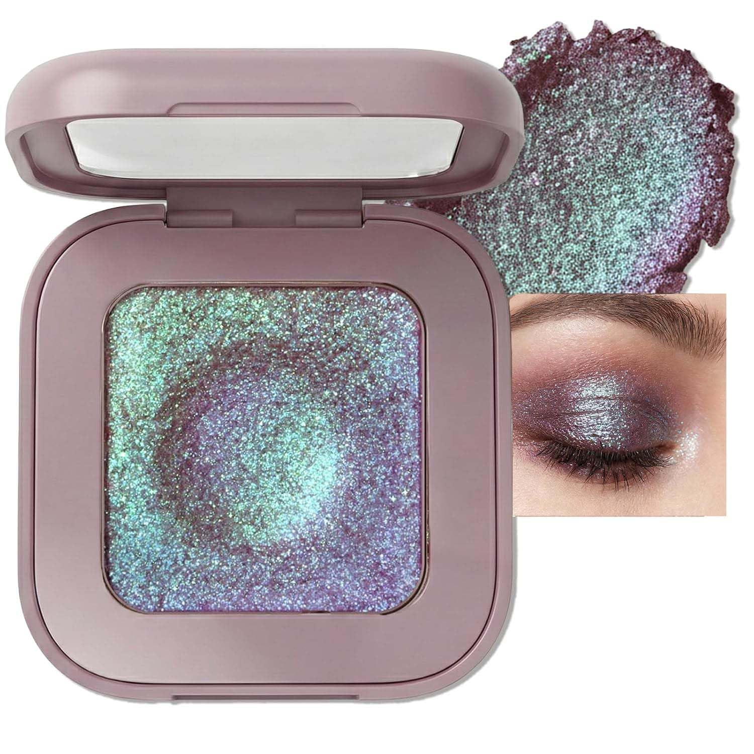 KYDA Duochrome Glitter Eyeshadow, Mauve Cyan Chameleon Metallic Eye Shadow, Smooth Cream Eye Shadow with Mirror, High Pigment Ey