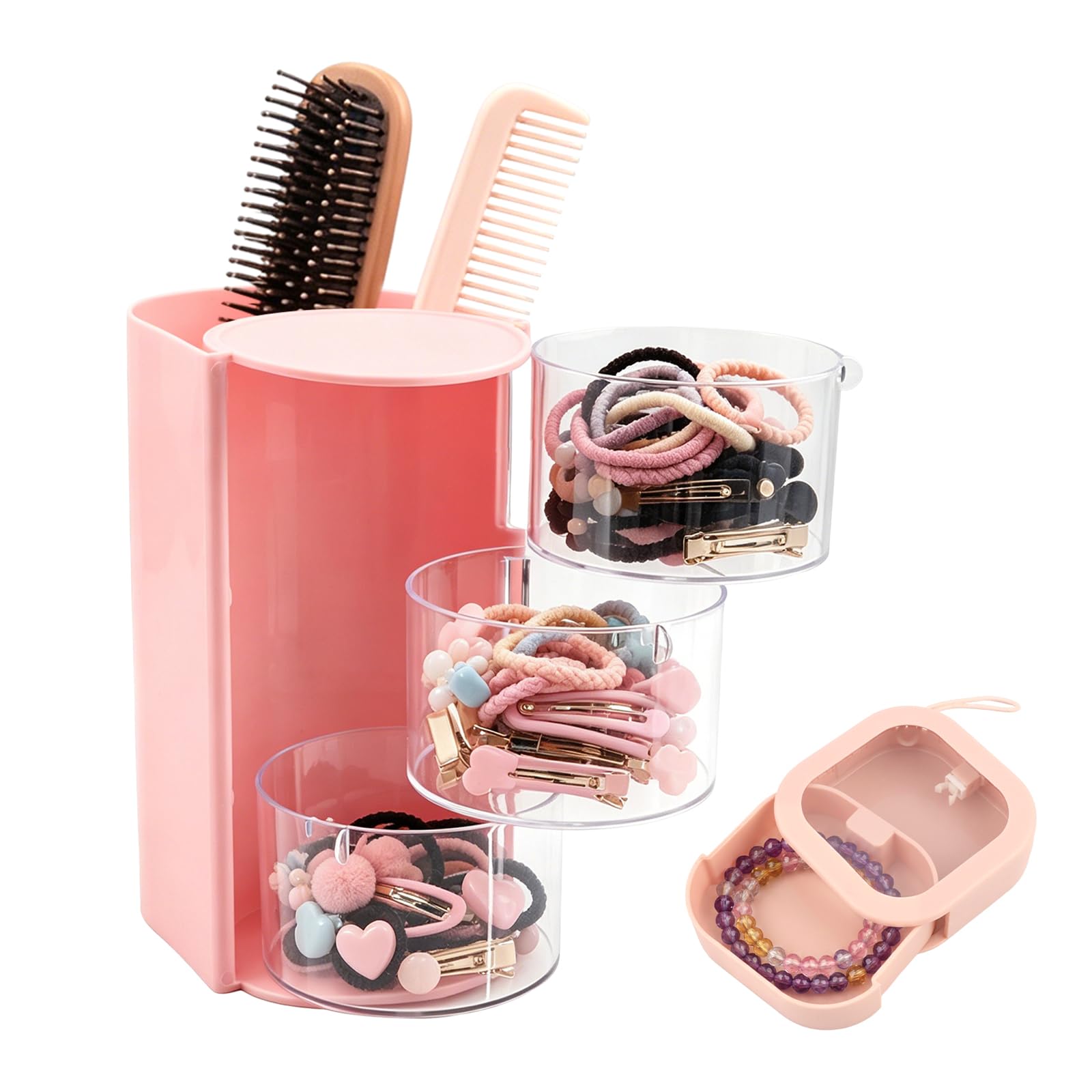 HAVORNYX Hair Accessories Organizer with Hair Brush Holder, Include Square Travel Storage Case, Rotatable Makeup Brush Holder fo