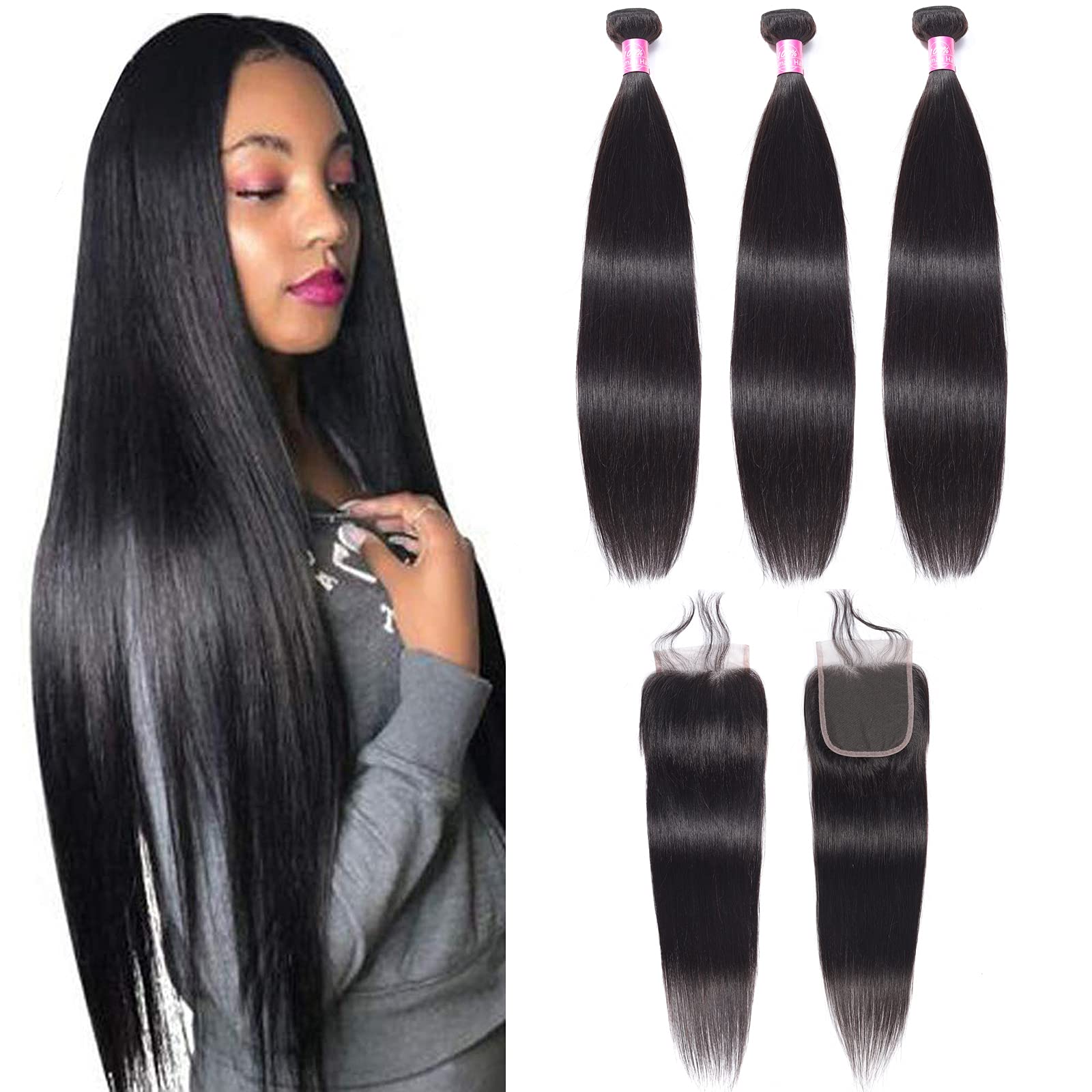 FQ Peruvian Straight Human Hair Bundles with Closure(20 22 24+16 Closure) Unprocessed Virgin Human Hair 3 Bundles with Closure 1