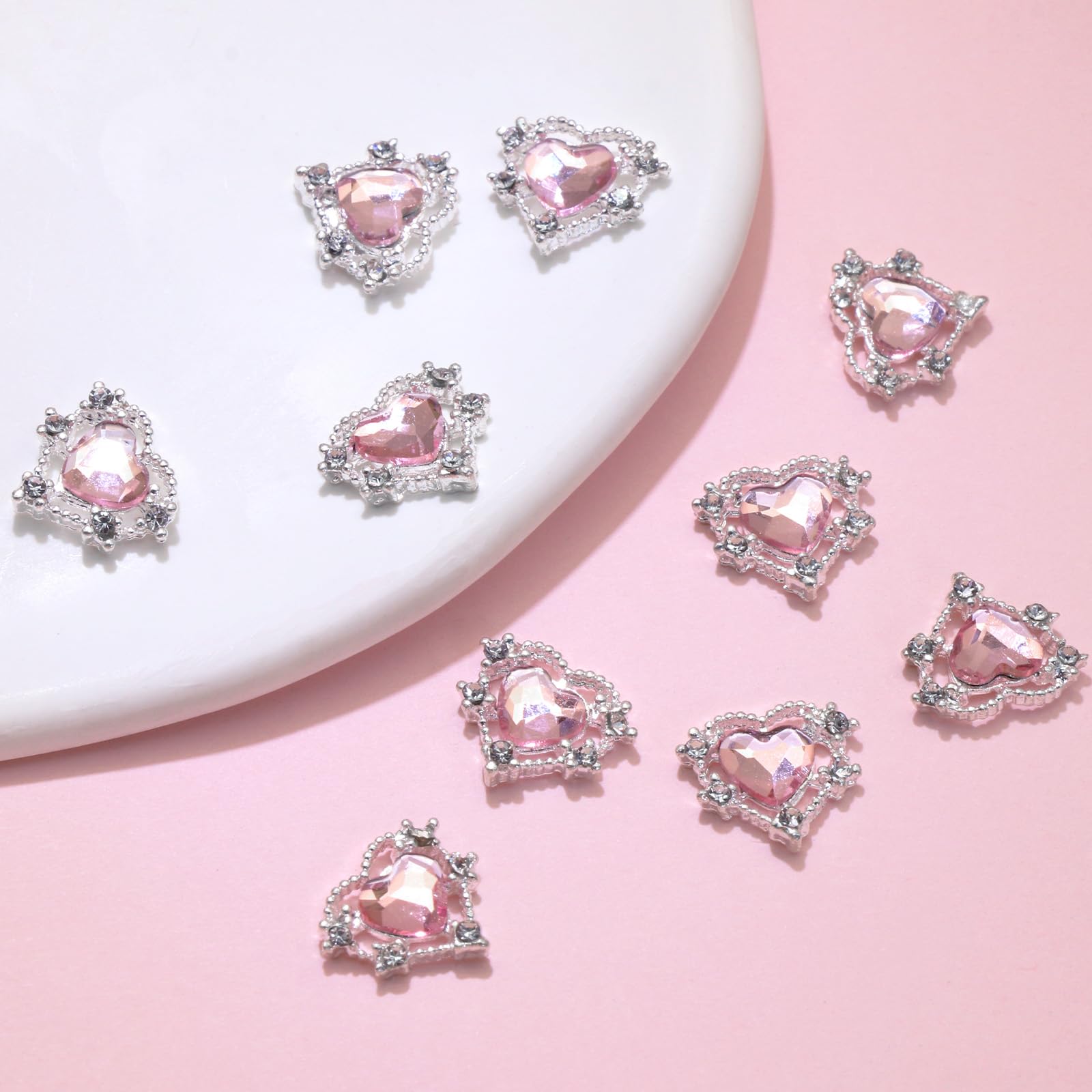 Rodaky 10Pcs Heart Nail Charms 3D Pink Heart Nail Art Jewelry With Rhinestones Shiny Nail Gems Cute Nail Decoration For Manicure