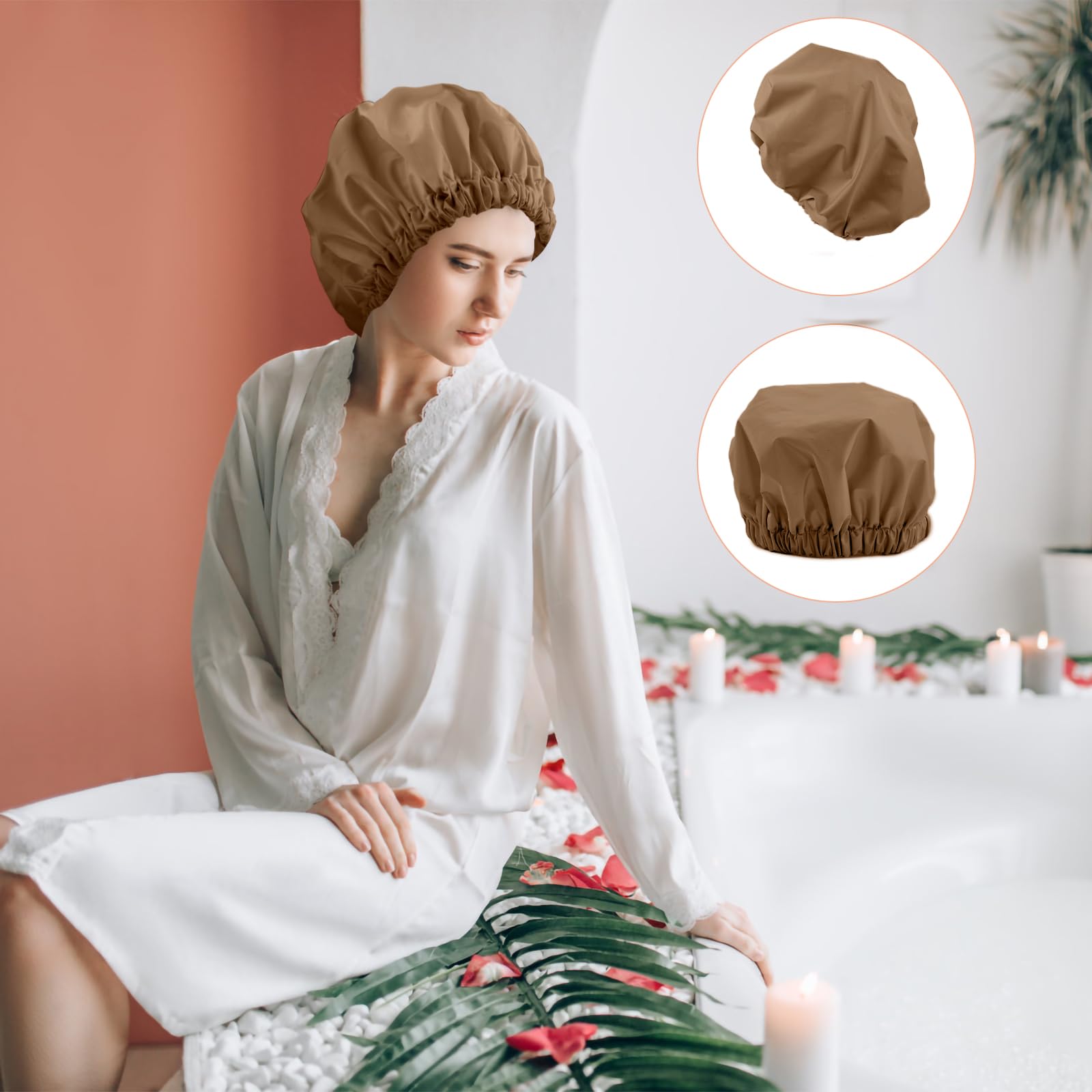 Reusable Shower Cap For Women, Large Waterproof Shower Bonnet Washable Elastic Band Bath Hair Hat For Long Hair, Braids(Brown)
