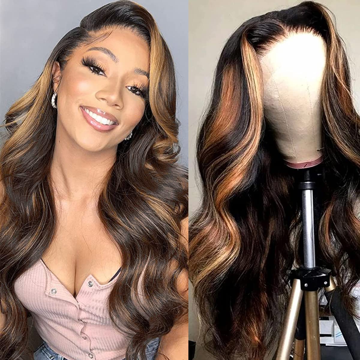 haha Brazilian Human Hair Highlight 4x4 Lace Front Wig Balayage Body Wave Ombre Lace Closure Wig Pre Plucked Honey Blonde 150% D