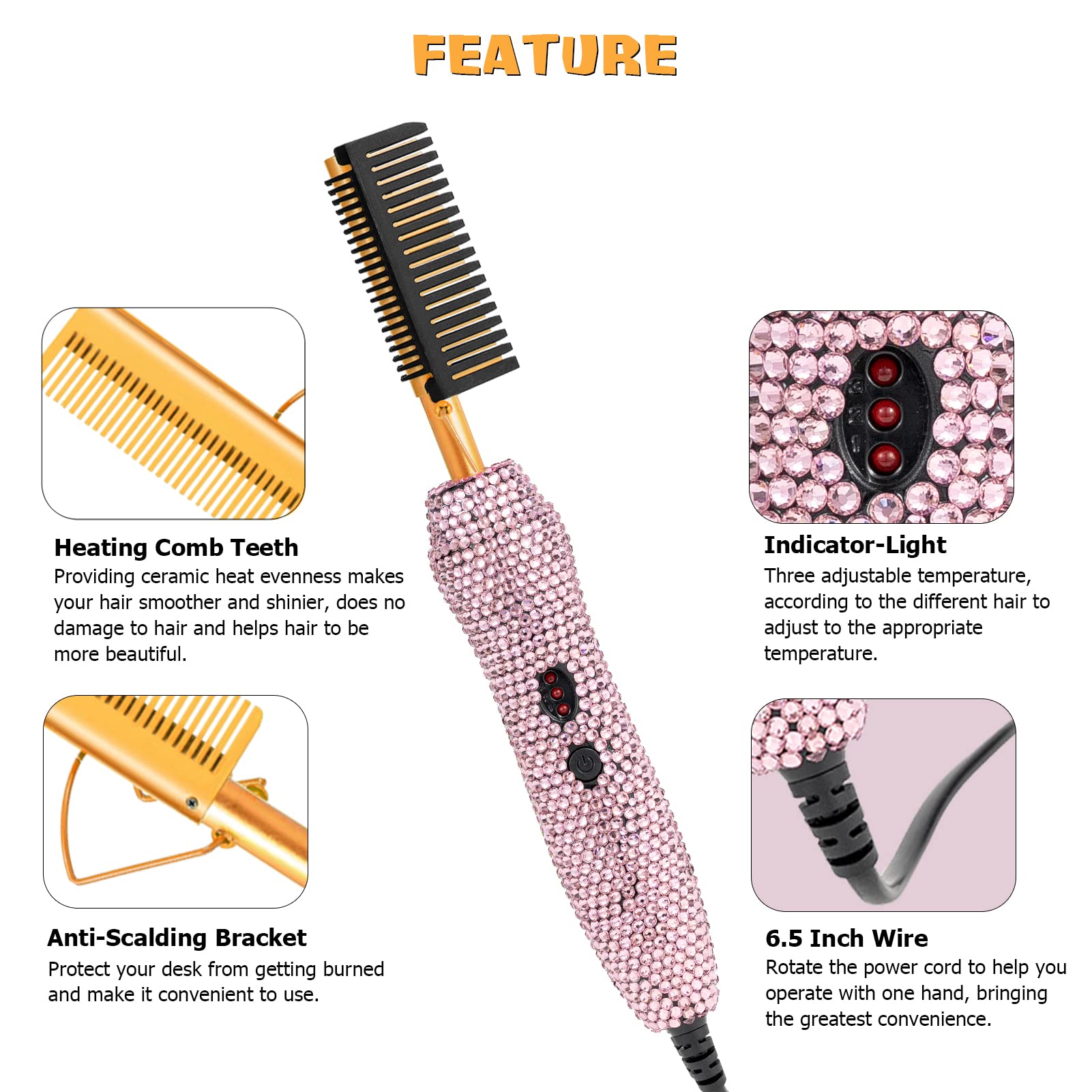 Diamond Electric Adjustable Temperature Hair Straightener Brush Set For Wigs And Natural Black Hair (Gold)