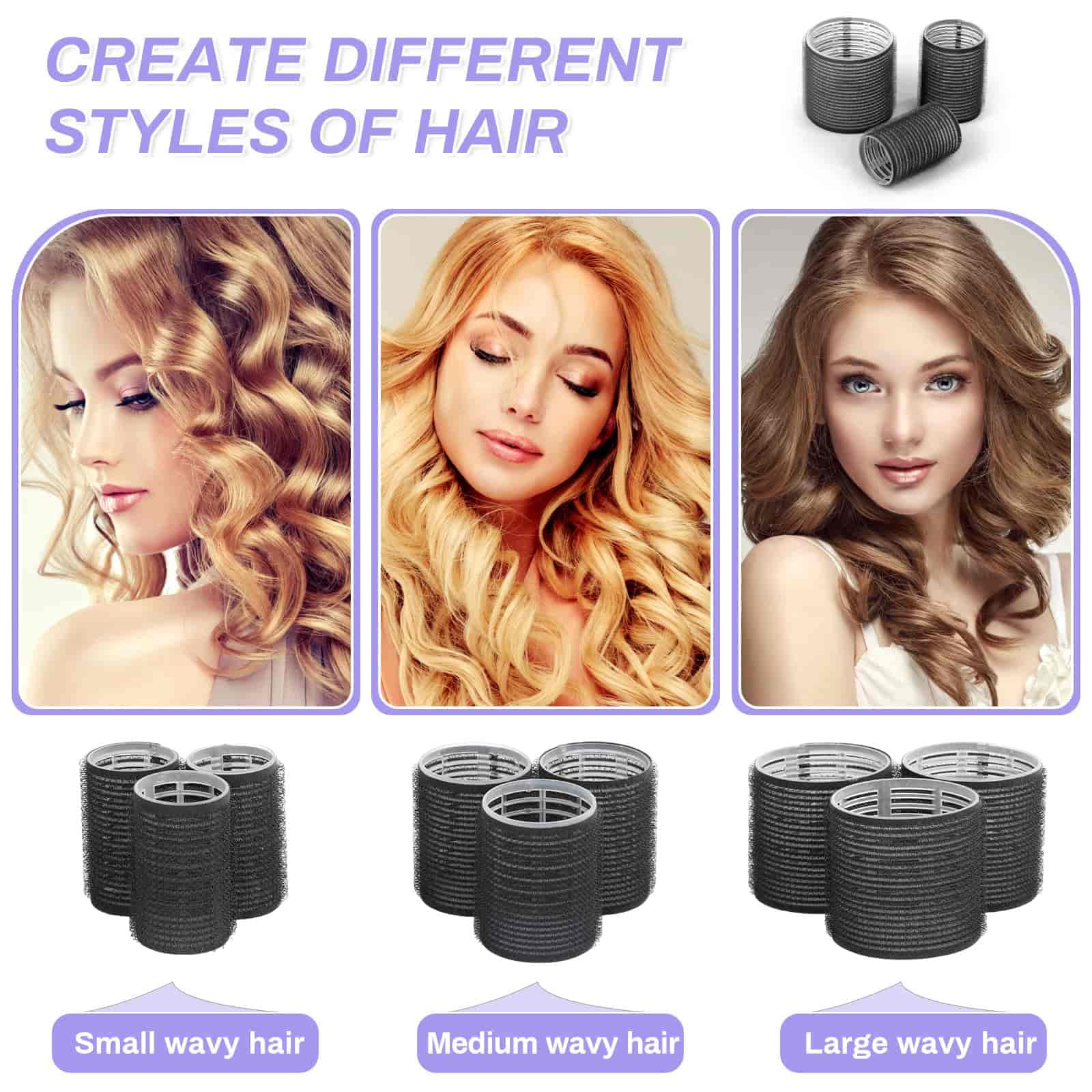 Self Grip Hair Rollers Curlers 24 Pcs Set with 12Pcs Hair Rollers 3 Sizes (4 Jumbo, 4 Large & 4 Medium) and 12 Pcs Hair Clips fo