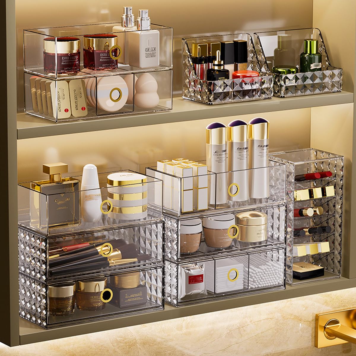 MORNITE 2-Tier Stackable Medicine Cabinet Organizer Drawer with Removable Dividers, Clear Plastic Bathroom Storage Drawers for V
