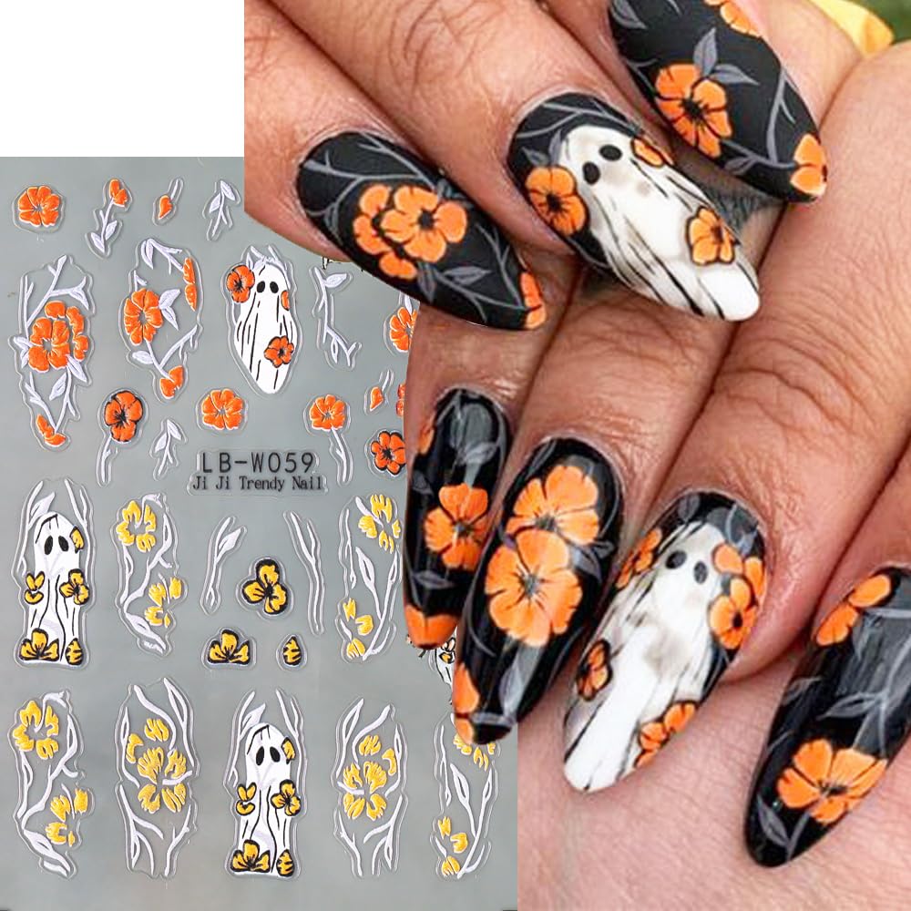 Halloween Nail Art Stickers Decals 5Pcs Halloween Cute Ghost Flower Nail Stickers Skull Strawberry Spider Flower Nail Designs 5D