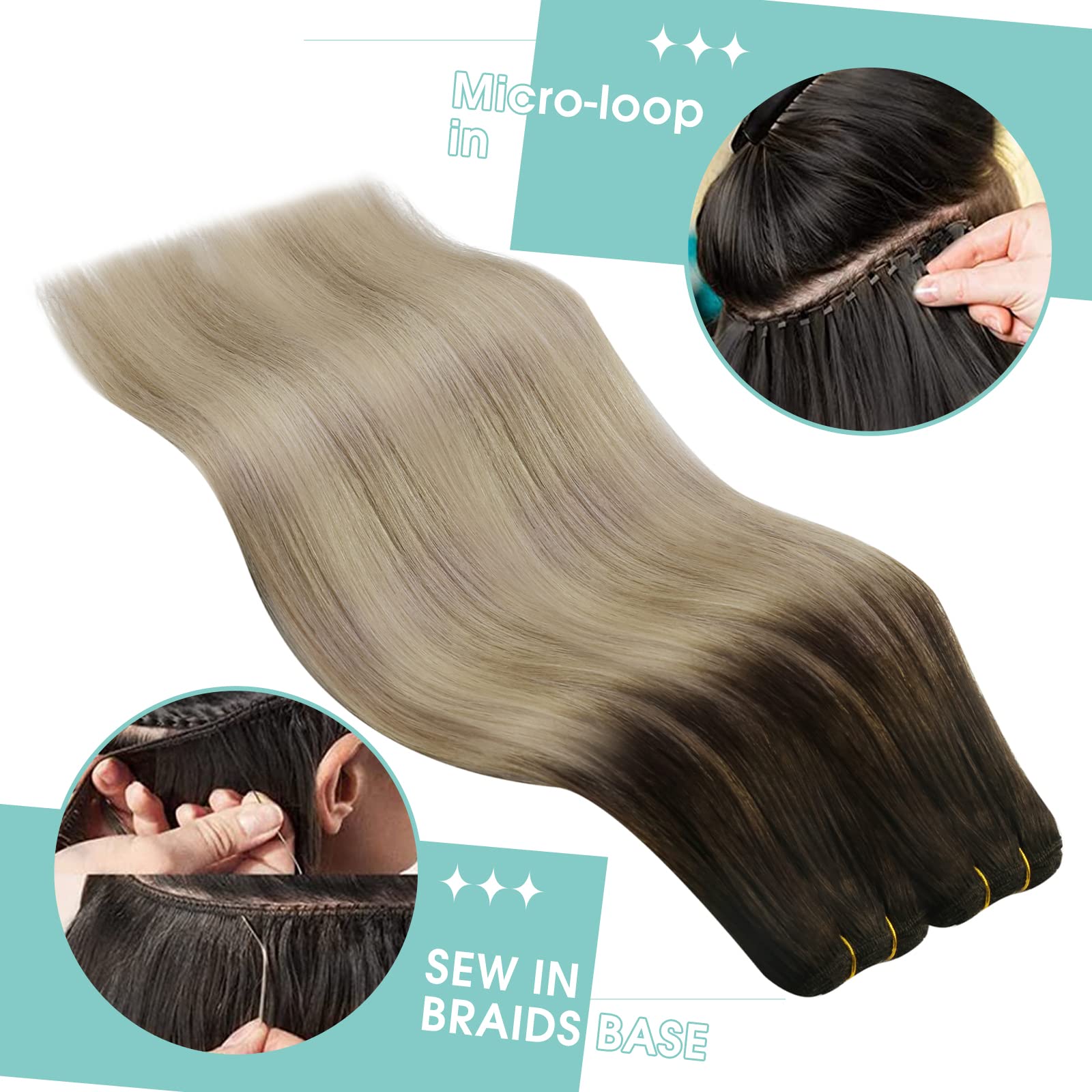 Youngsee Sew In Hair Extensions Real Human Hair Straight Weft Extensions Human Hair Dark Brown Base With Medium Ash Blonde And L