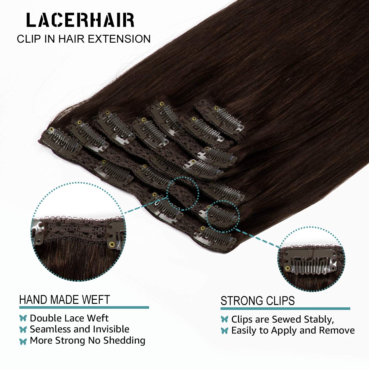 Lacer Clip In Hair Extensions Real Human Hair, Warm Dark Brown 120G 7Pcs 16 Inch Real Human Hair Extensions Clip In Straight Rem