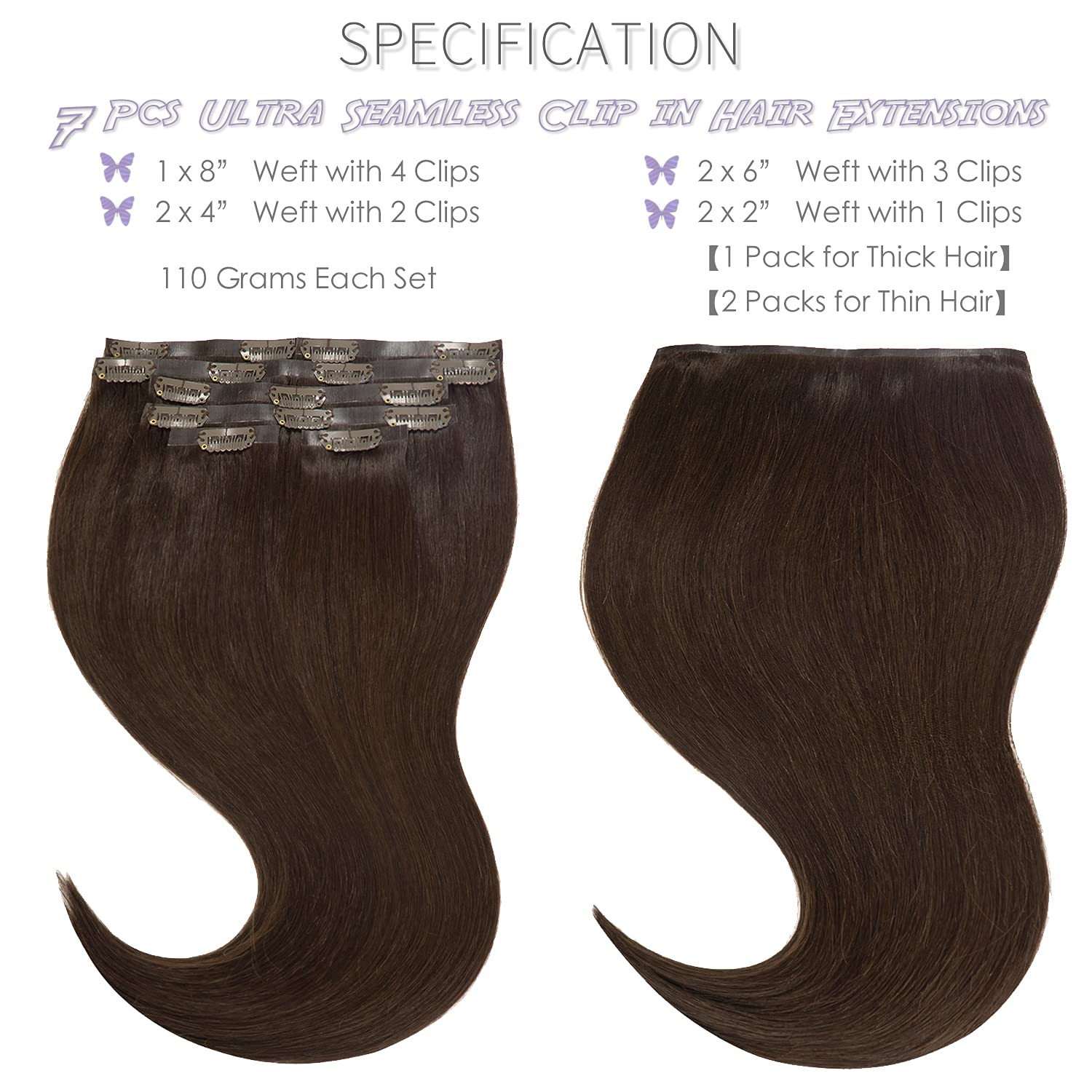 Lacer Hair Seamless Hair Extensions Clip in Human Hair #2 Darkest Brown Ultra Thin Double Weft PU Invisible Clip in Hair Extensi