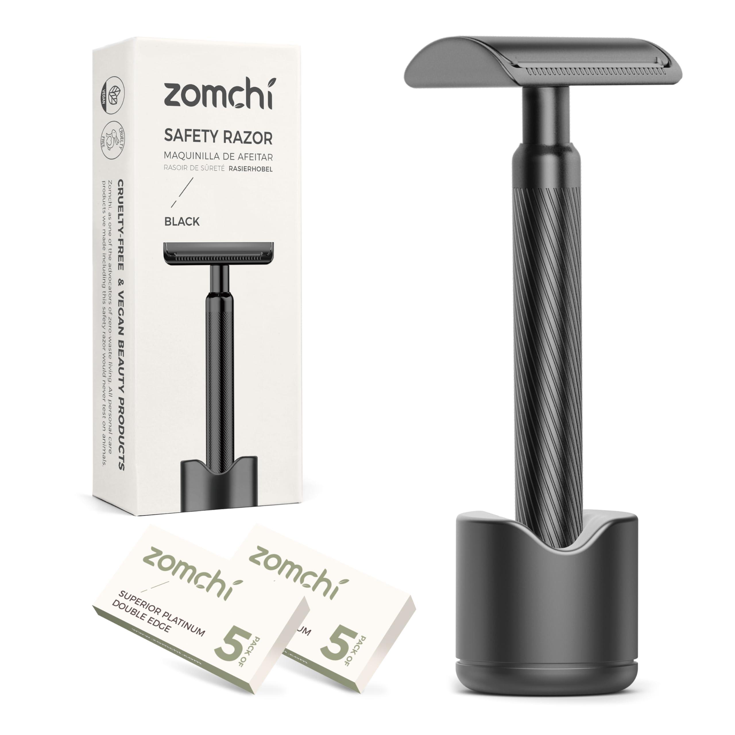ZOMCHI Double Edge Safety Razor with Razor Stand, Mens Metal Razor with 10 Safety Razor Blades, Reusable Razor for Men & Women -