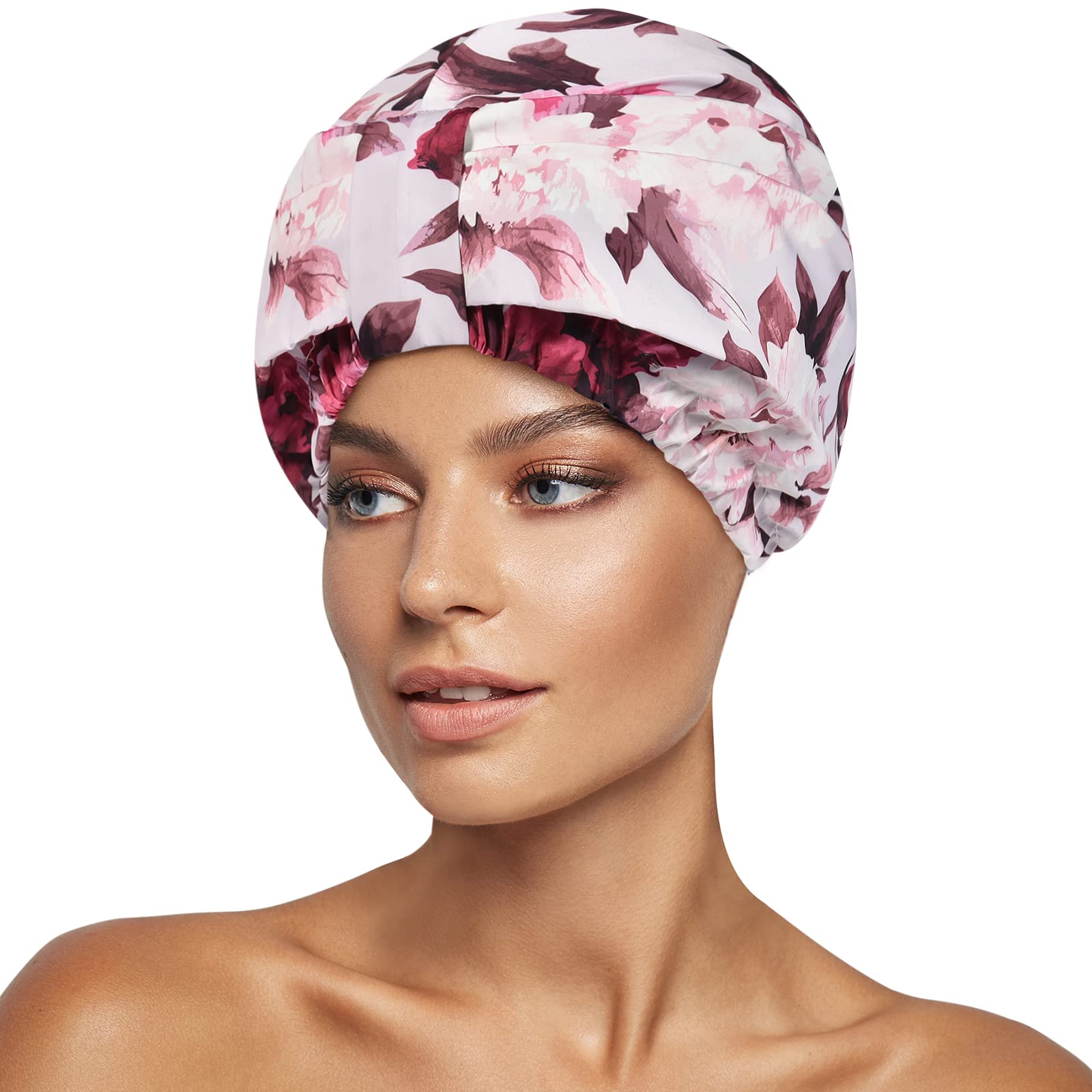 Innelo Luxury Shower Cap For Women Reusable Waterproof, Double Layered Shower Hair Cap With Adjustable Elastic Strap, Large Sati