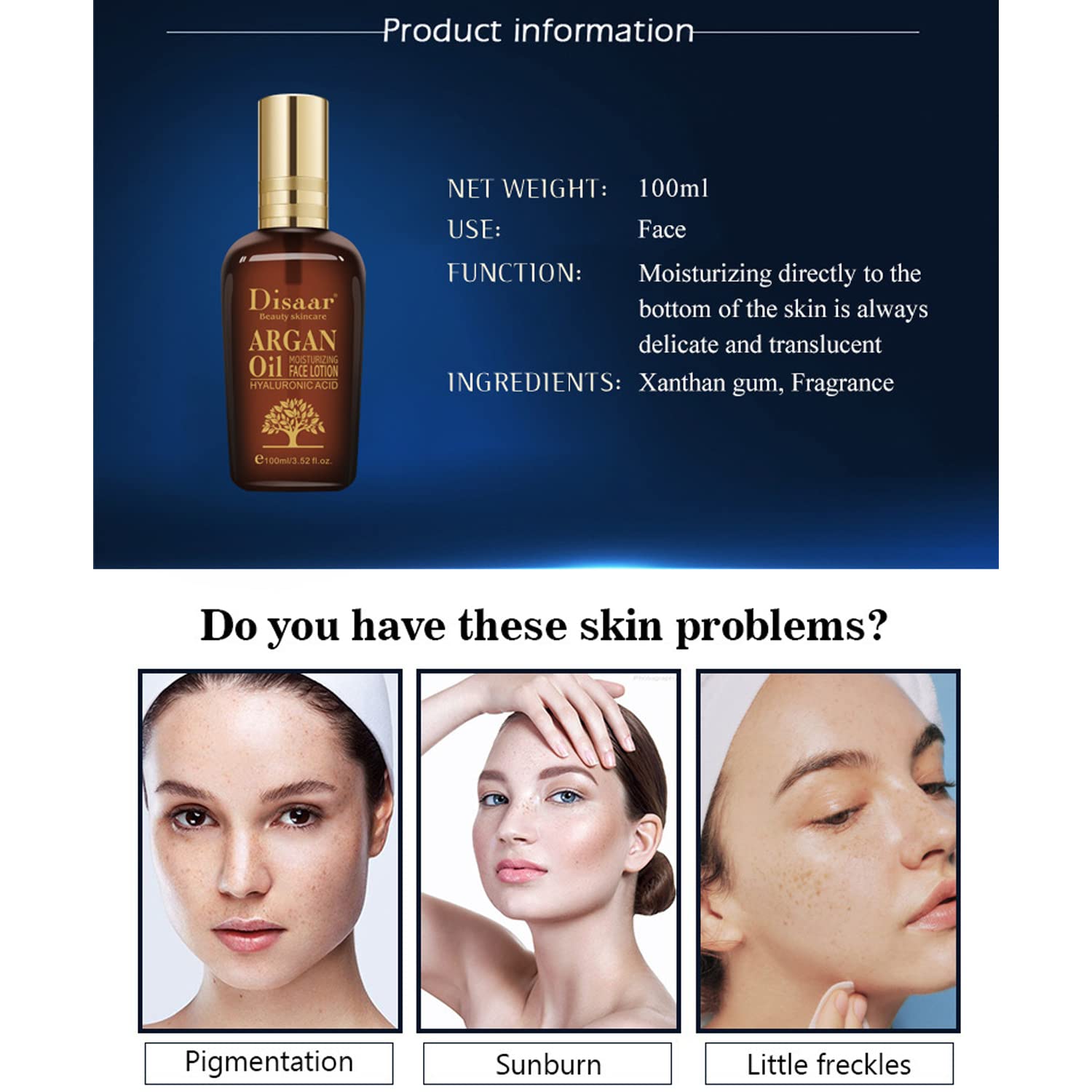Disaar Beauty Argan Oil Moisturizing Face Lotion Hyaluronic Acid Anti-Aging Shrink Pores 100Ml/3.52Fl.Oz