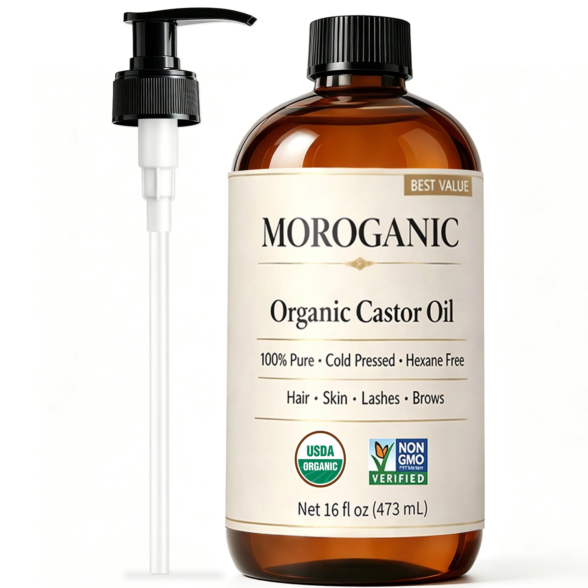 Moroganic USDA Organic Castor Oil Cold Pressed Hexane Free USA Made, 16 Oz