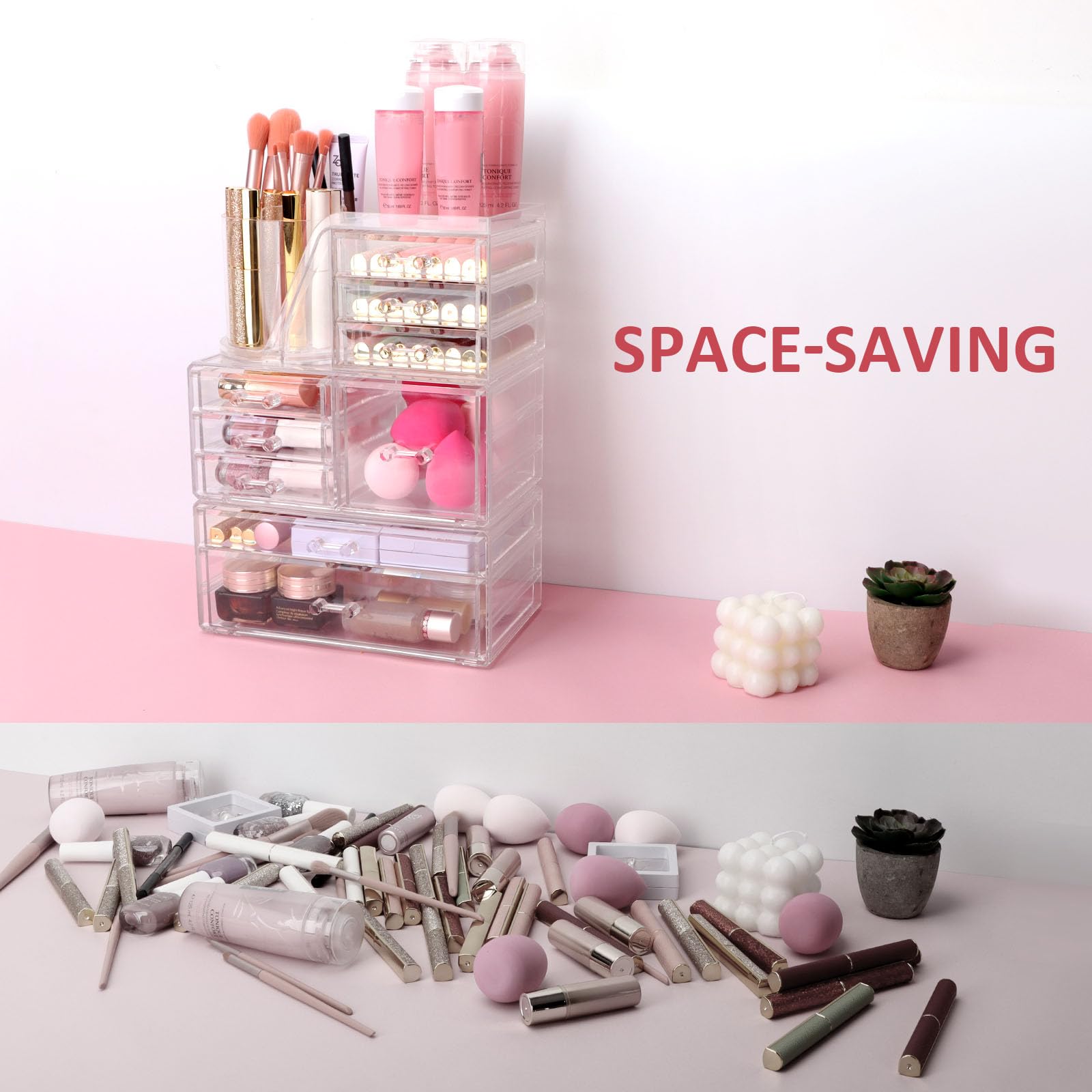 AUOIKK Clear Makeup Organizer with 9 Drawers & Rotating Brush Holder - Large Capacity Cosmetic Display Cases Storage for Vanity,