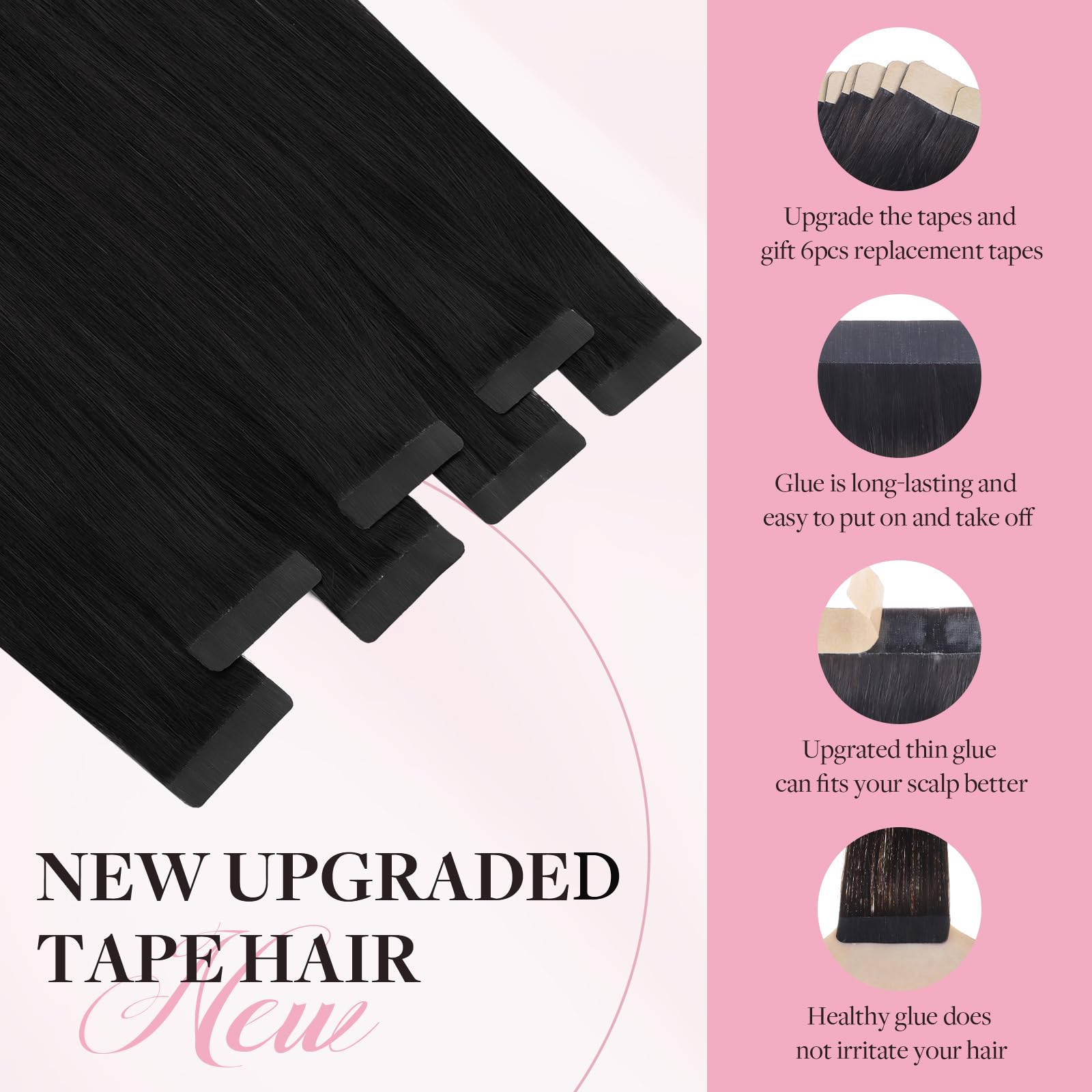 Maxita Tape In Hair Extensions Jet Black 100% Remy Human Hair 22 Inch 40Pcs 100G/Pack Straight Seamless Real Hair Extensions Tap