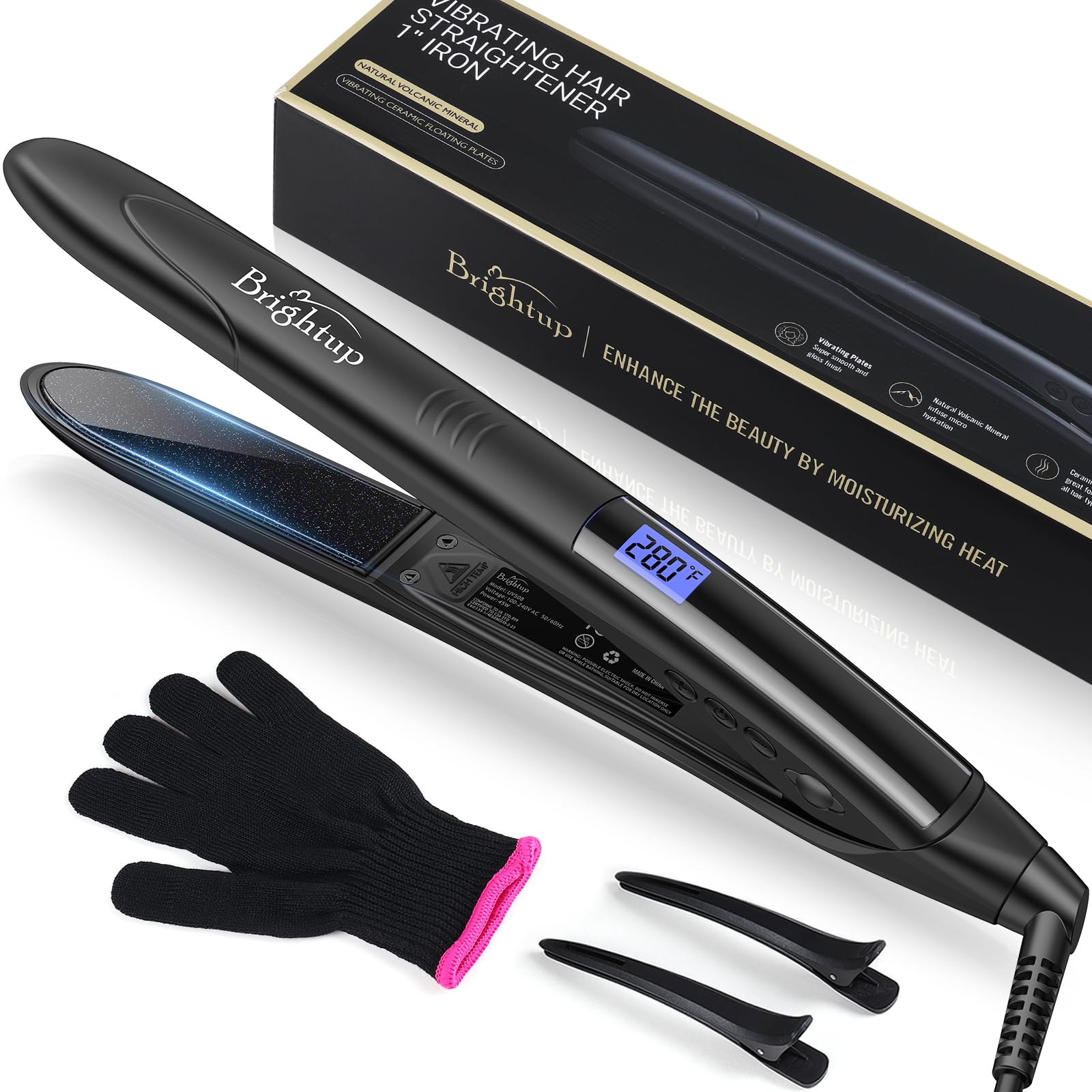 Brightup Vibrating Hair Straightener and Curler 2 in 1, MCH Rapid 20S Heat Up, Ceramic Flat Iron with 10 Temp Control/Auto Shut 