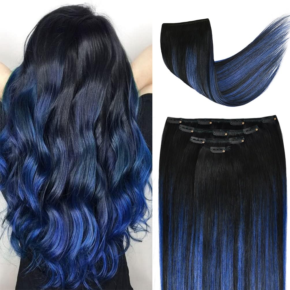22'' Hair Extensions Clip in Human Hair for Women - Silky Straight Remy Real Long Human Hair Clip on 90grams 4pieces #(1B/Blue) 