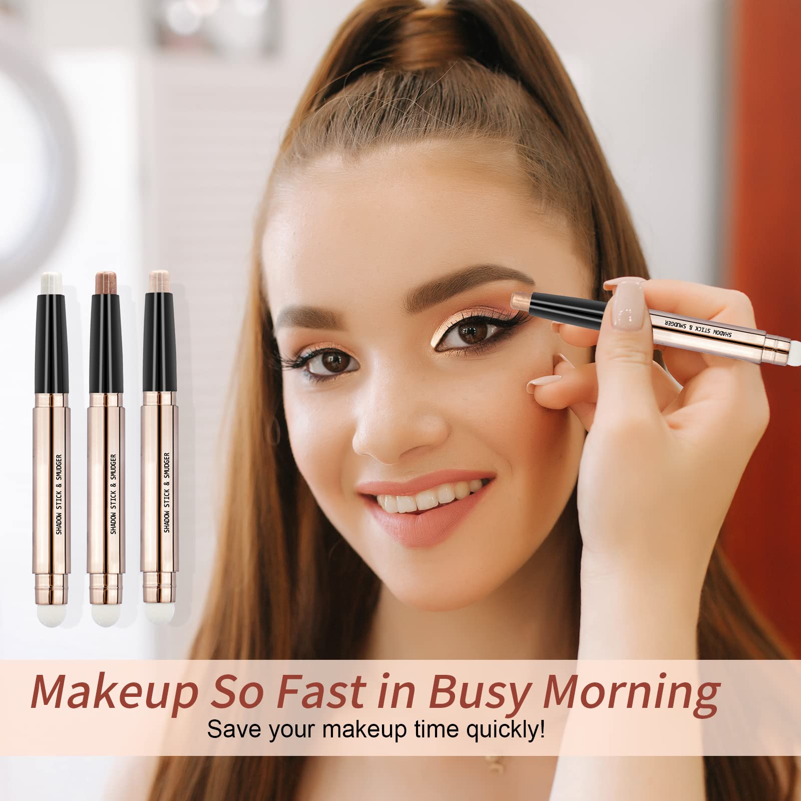 Popmisoler 3 Pcs Glitter Eyeshadow Stick Sets, Smudge Proof Cream Eye Shadow Sticks Brown Eyeshadow Pencil With Soft Smudger Wat