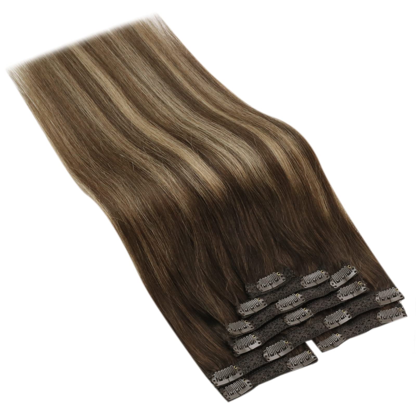 Sunny Balayage clip In Hair Extensions Dark Brown Ombre Blonde with Brown Highlights Human Hair clip In Extensions Balayage Brow