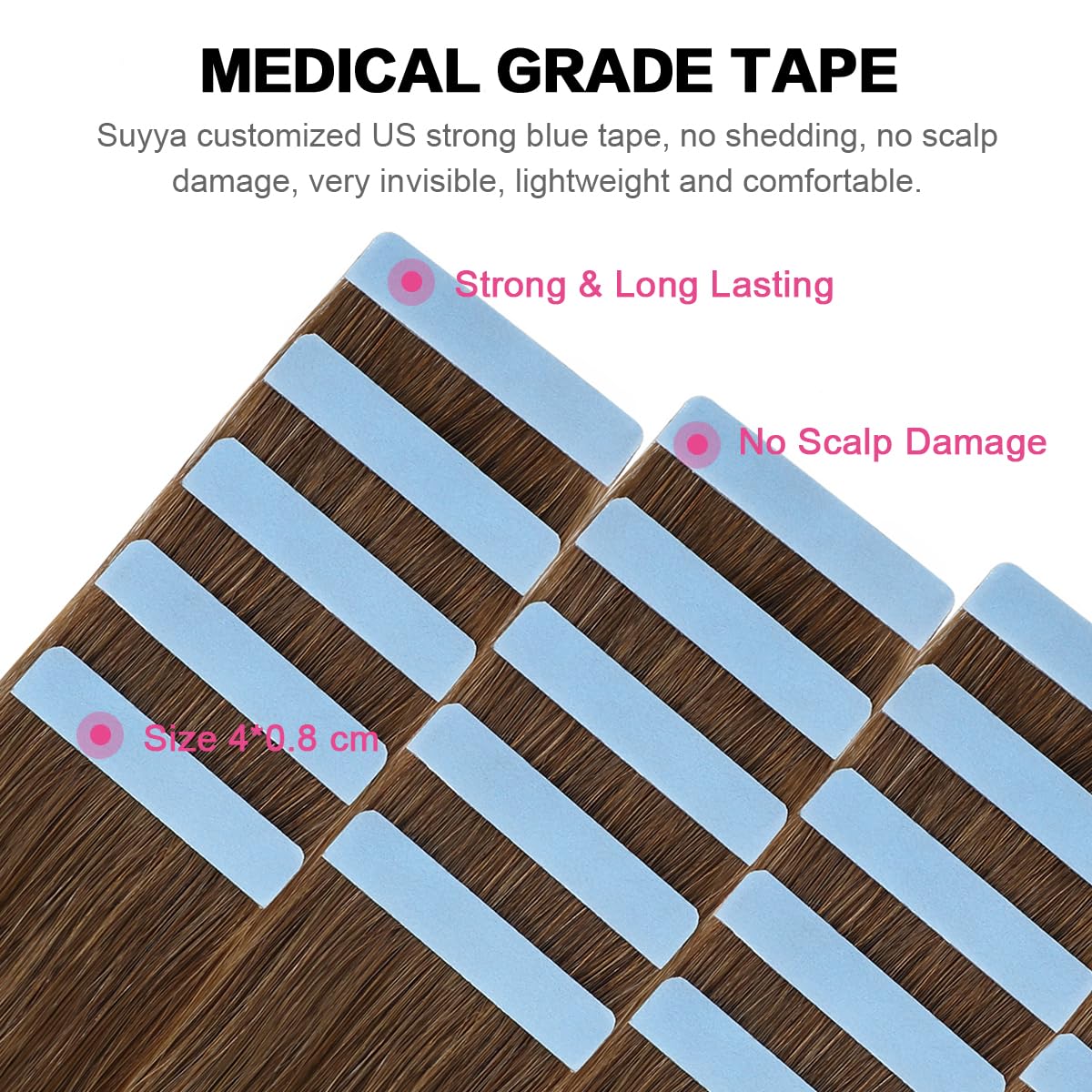Suyya Tape In Hair Extensions Chestnut Brown 100% Real Human Hair 12Inches 20Pcs 40G/Pack Straight Seamless Skin Weft Tape Hair