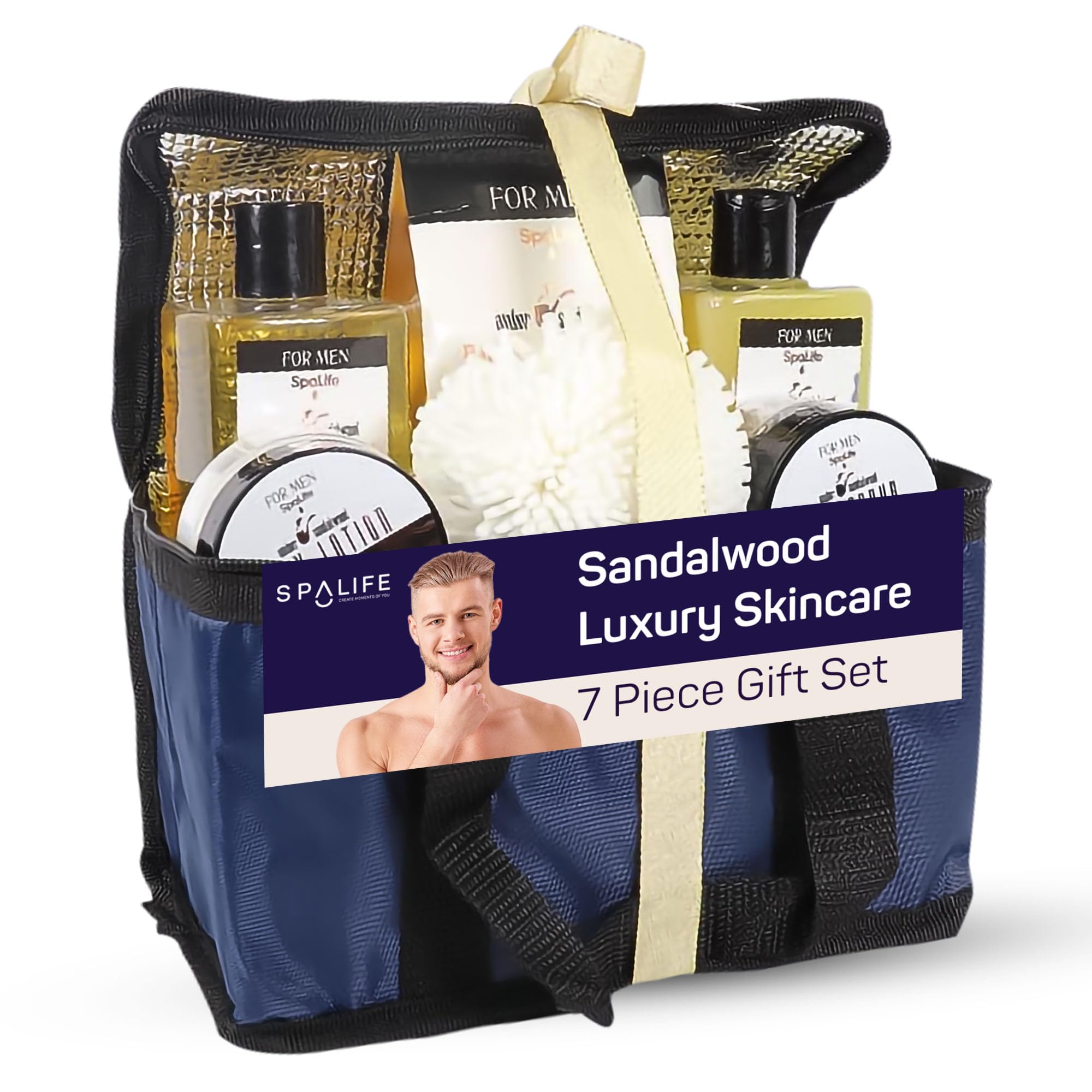 Spalife Men'S Sandalwood Luxury Spa Skincare Set - Complete Care Kit For Rugged Revitalization, Exfoliating Scrub - Bath And Bod