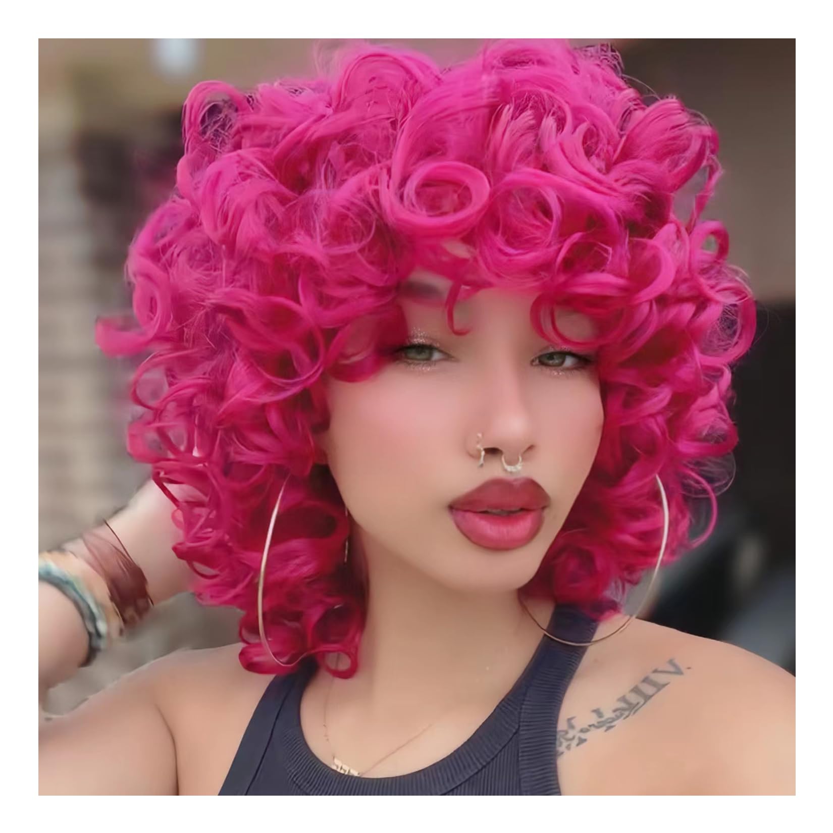 Kavsni Hot Pink Curly Wig for Black Women Soft Short Curly Wig with Bangs for American Women Wigs(Large Earrings+Makeup Sponge+W