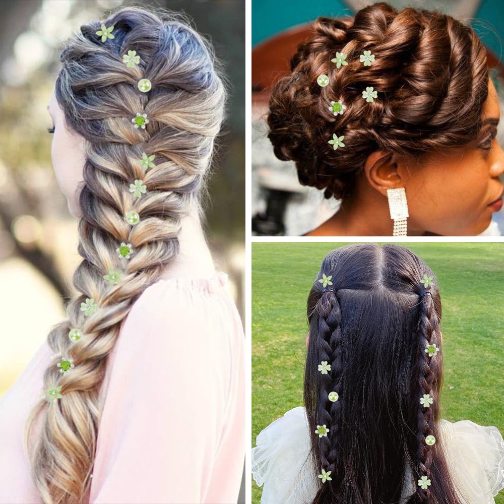 Ahoney 20Pcs Mini Clips For Hair Green Flower Hair Clips With Rhinestone Cute Hair Pins Decorations Hair Clips For Hair Barrette