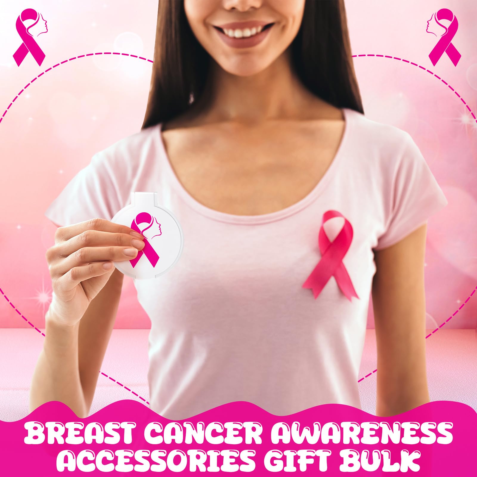 Huwena 100 Pcs Breast Cancer Awareness Accessories Gift Bulk White Pink Ribbon Breast Cancer Compact Mirror for Women Small Pock