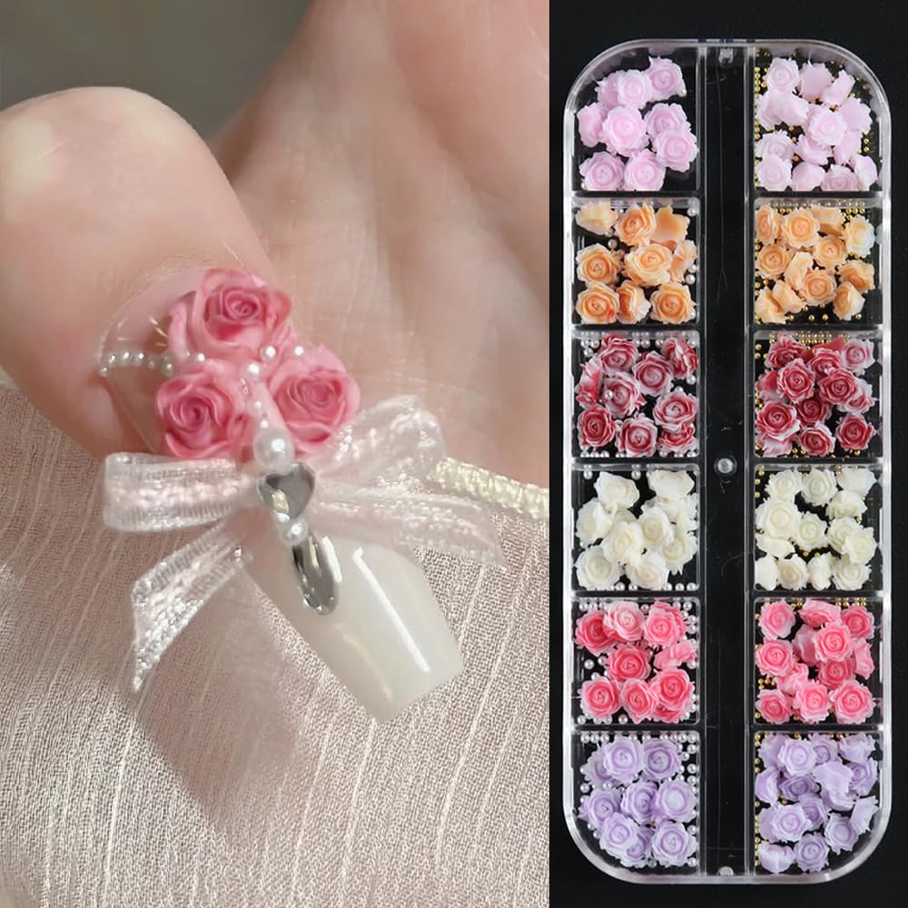 3D Flower Nail Charms, Gradient Red Pink White Resin Acrylic Rose Camellia Flower with Pearls Caviar Beads, Spring Floral Gems J